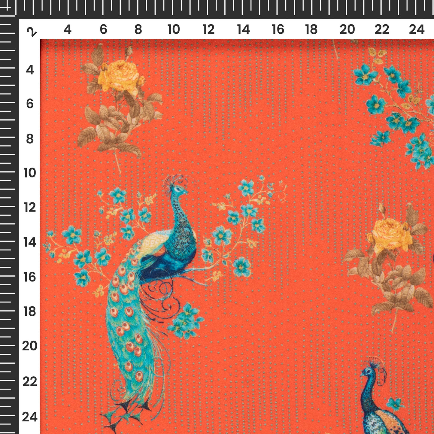 Orange Soda Peacock Pattern Digital Print Crepe Silk Fabric