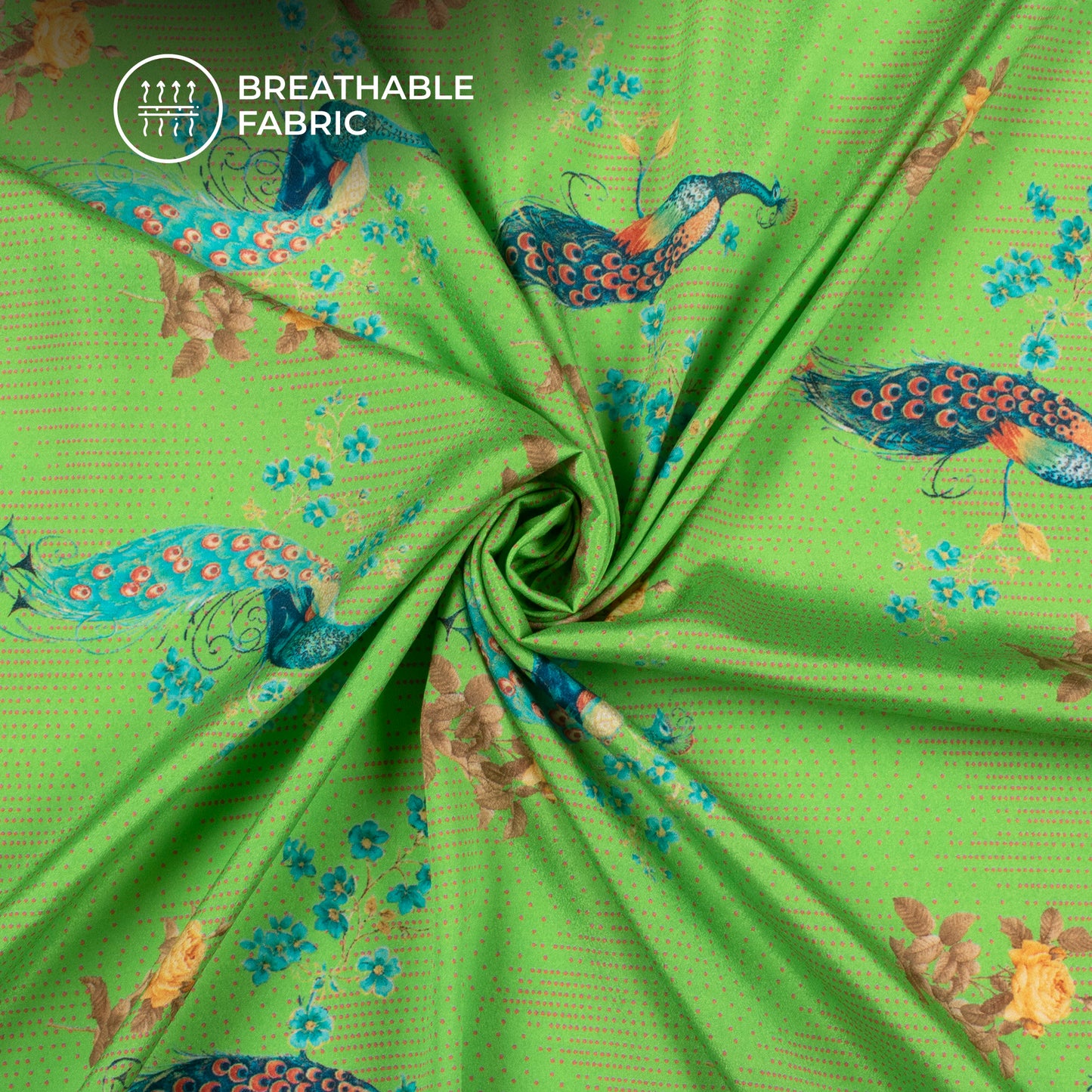 Kelly Green Peacock Pattern Digital Print Crepe Silk Fabric