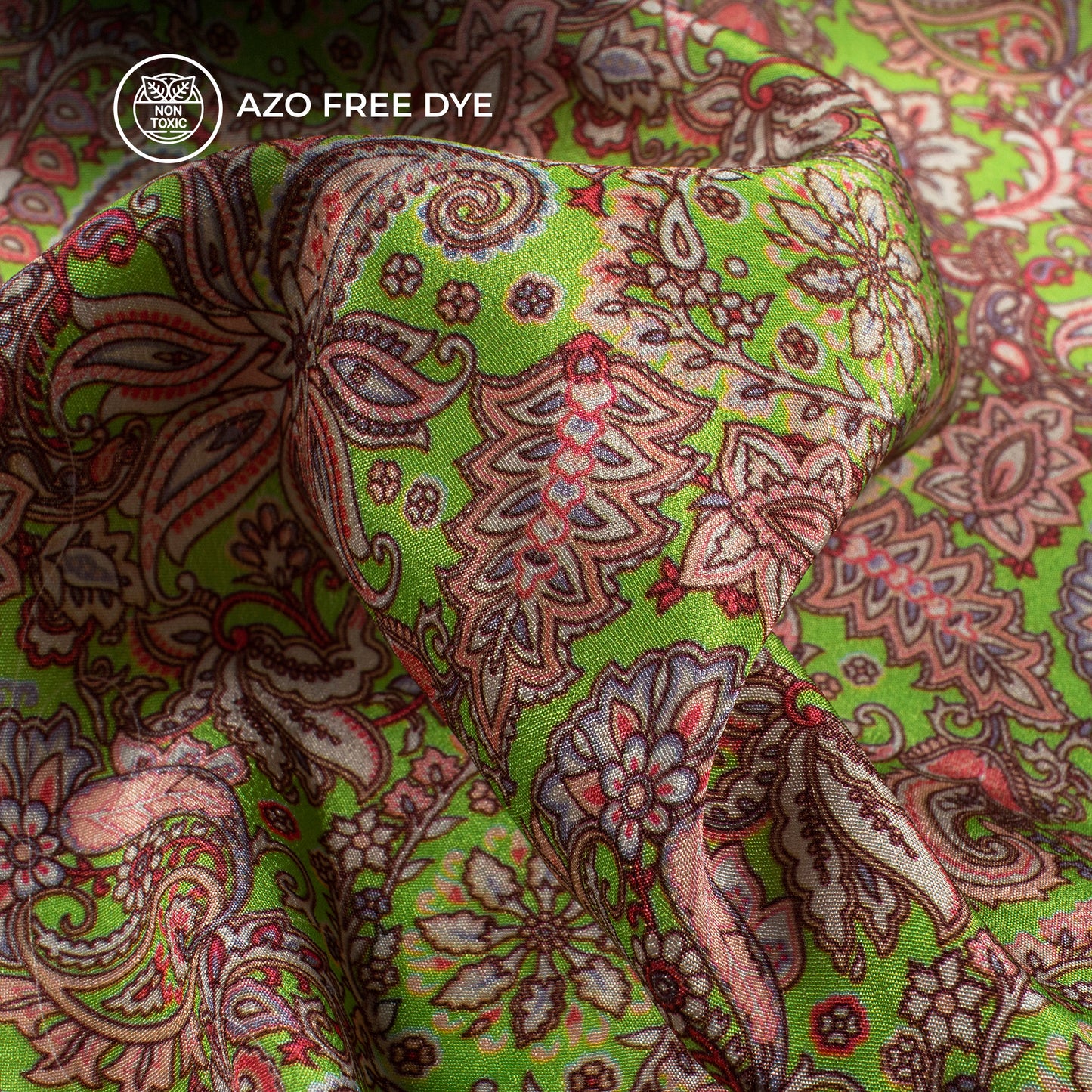 Kelly Green And Light Pink Floral Pattern Digital Print Crepe Silk Fabric