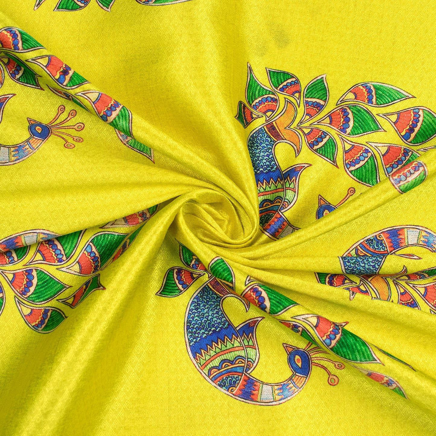 Lemon Yellow Madhubani Jacquard Booti Art Silk Fabric (Width 56 Inches)