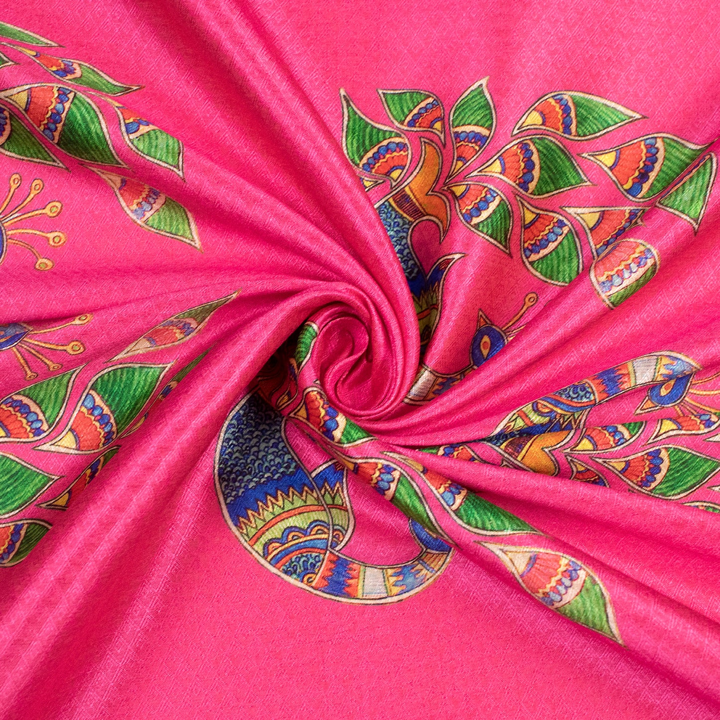 Fuscia Pink Madhubani Jacquard Booti Art Silk Fabric (Width 56 Inches)