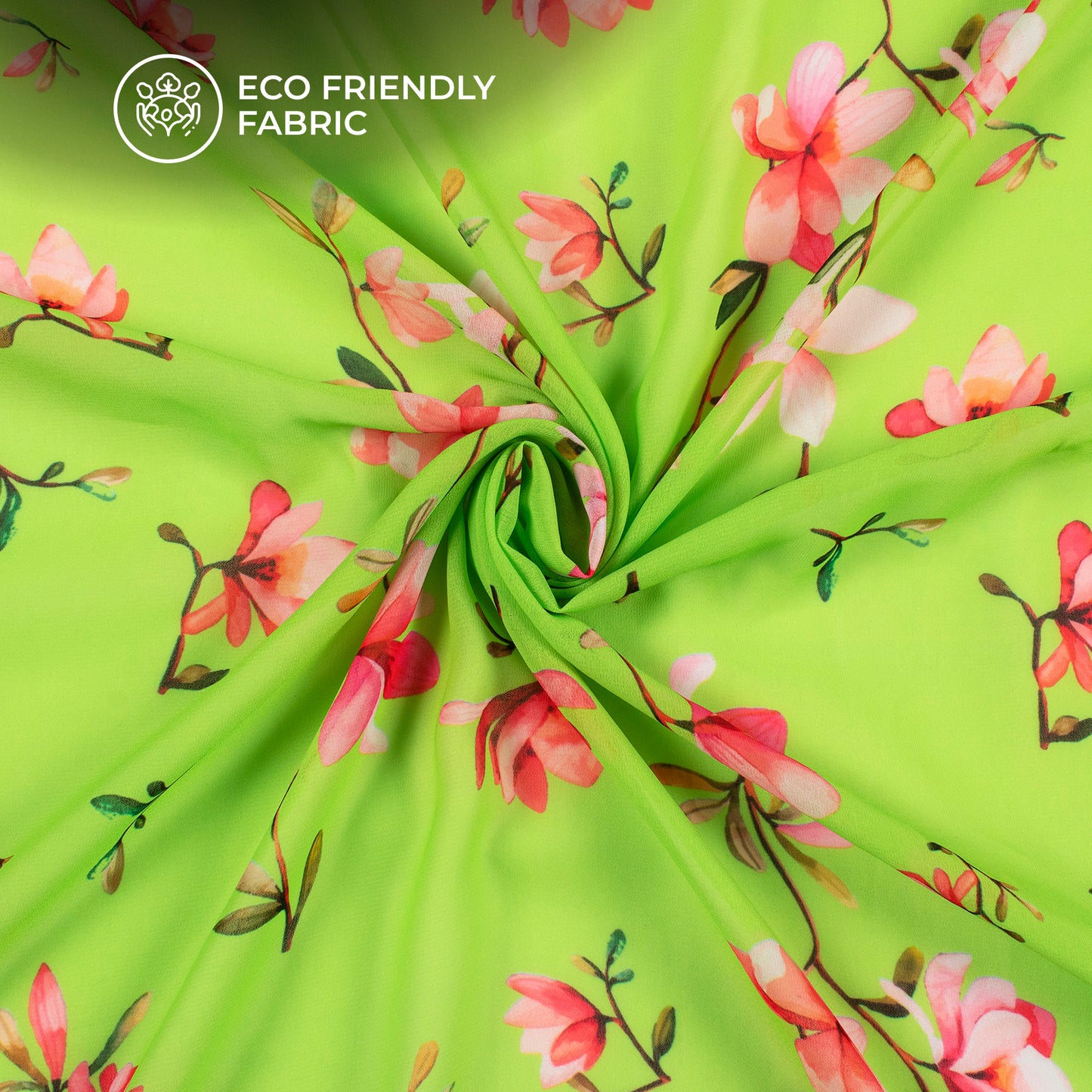 Chartreuse Green Floral Digital Print Georgette Fabric