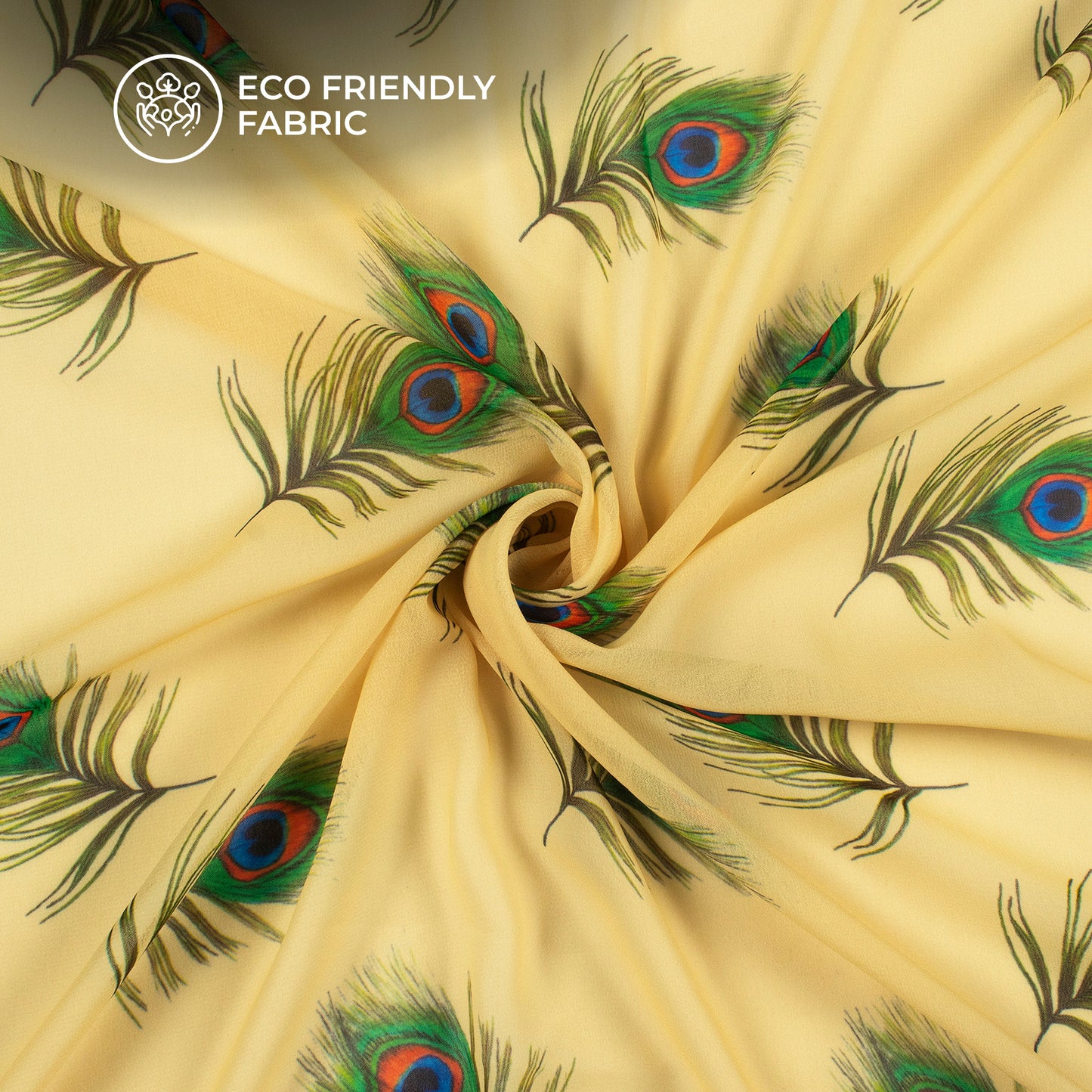 Cream Peacock Feather Digital Print Georgette Fabric