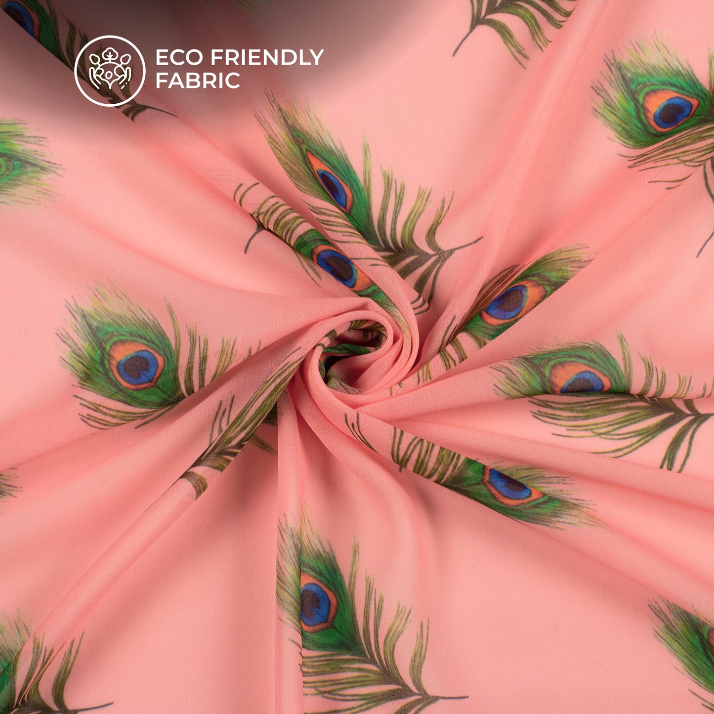 Flamingo Pink Peacock Feather Digital Print Georgette Fabric