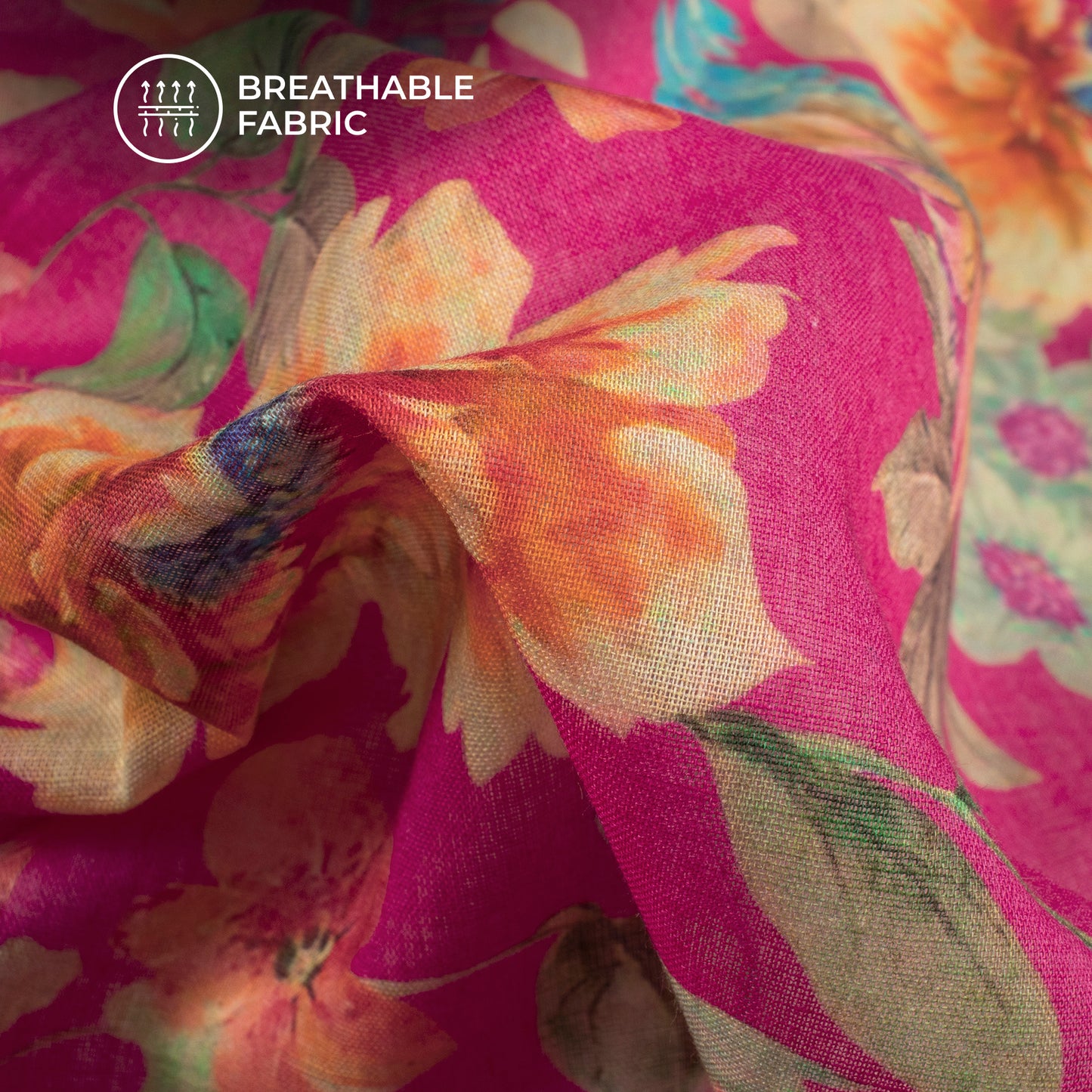 Deep Pink Floral Digital Print Pure Cotton Mulmul Fabric