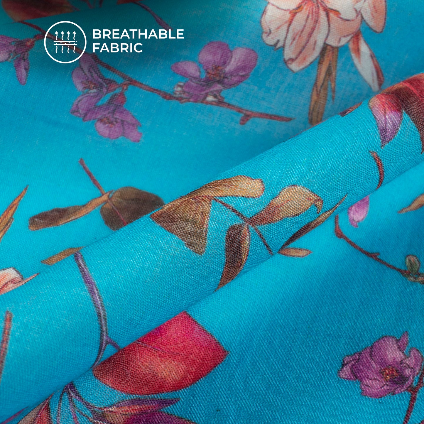 Azure Blue Floral Digital Print Pure Cotton Mulmul Fabric