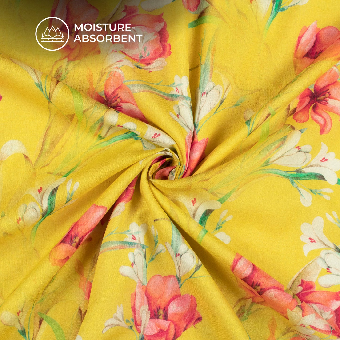 Yellow Floral Digital Print Pure Cotton Mulmul Fabric