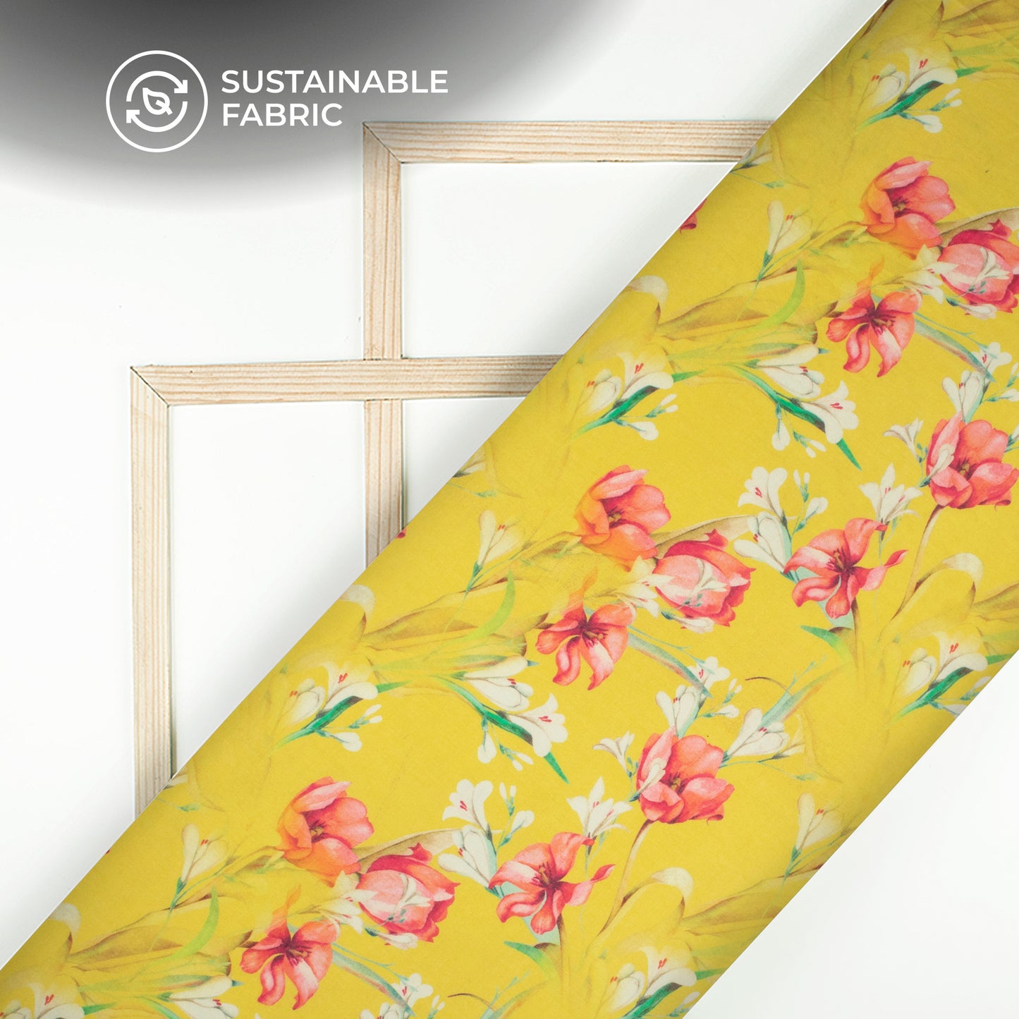 Yellow Floral Digital Print Pure Cotton Mulmul Fabric