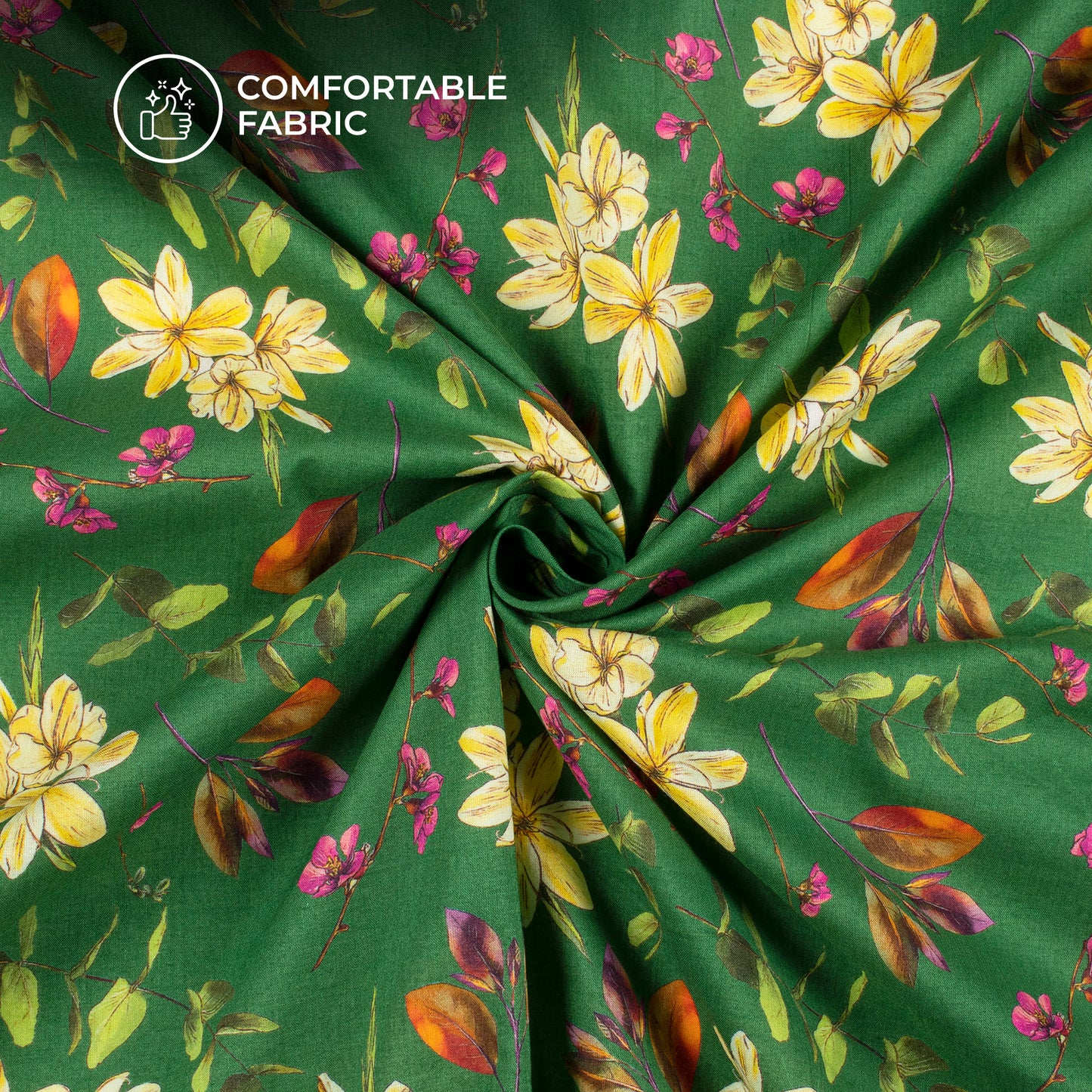 Emerald Green Floral Digital Print Cotton Cambric Fabric