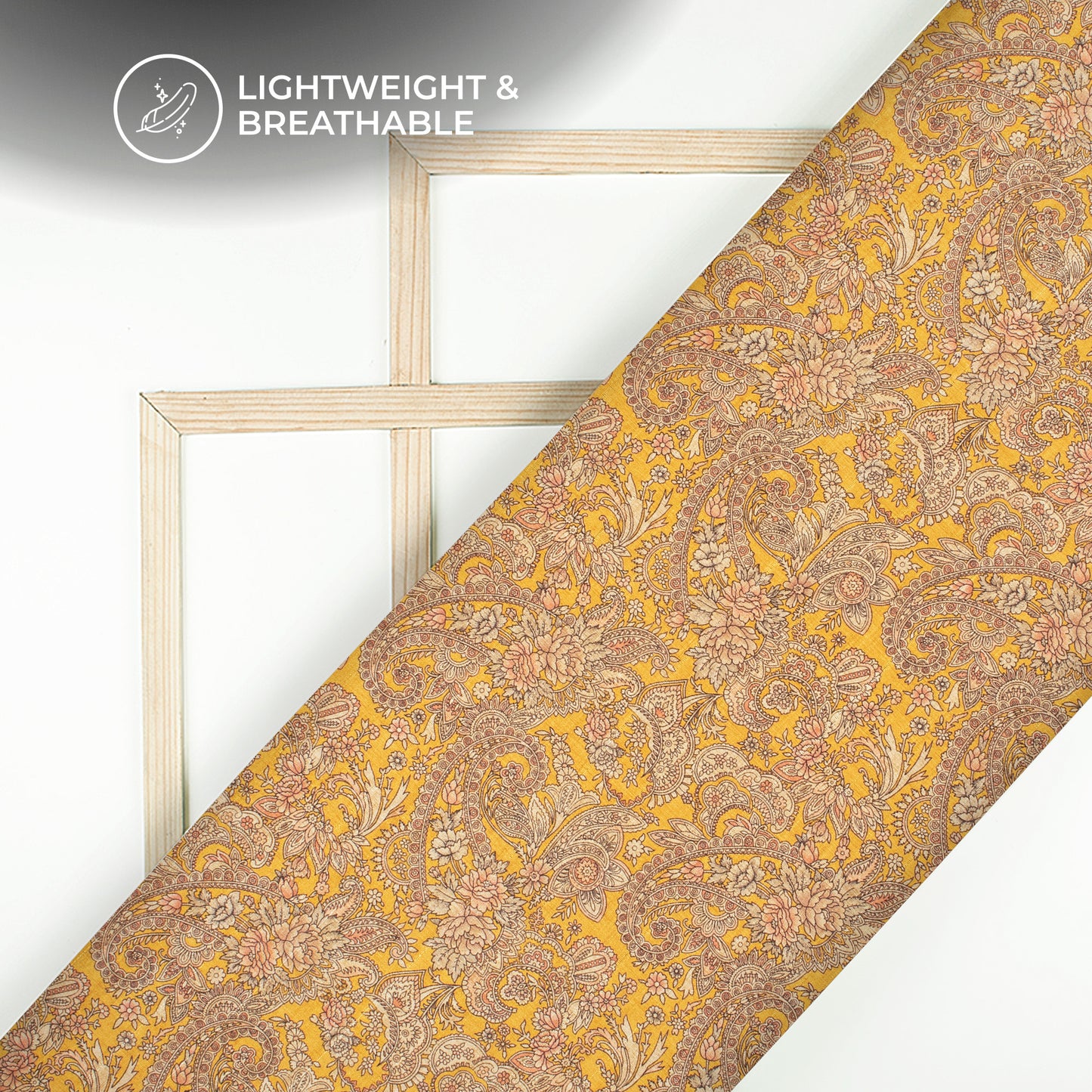 Gold Yellow Floral Digital Print Art Tusser Silk Fabric