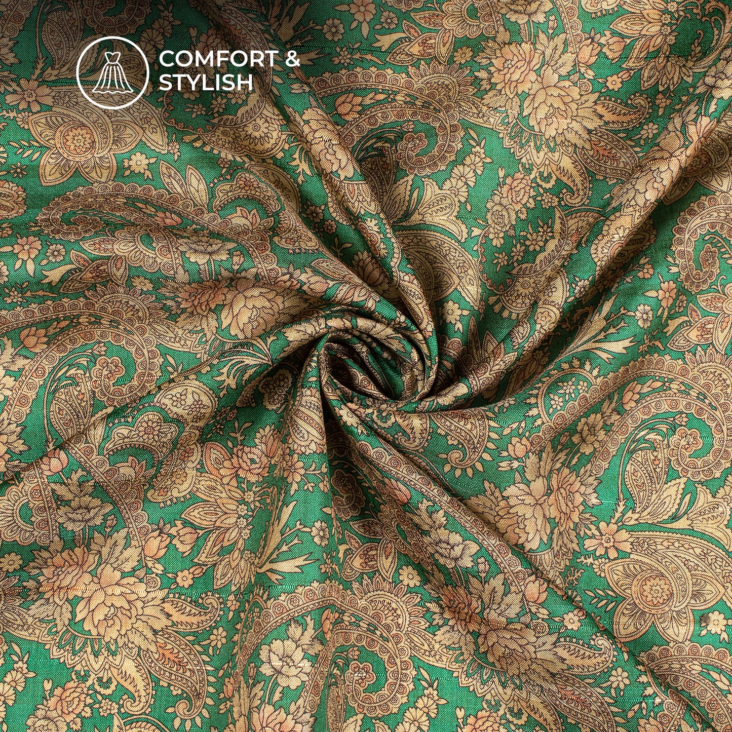 Emerald Green Floral Digital Print Art Tusser Silk Fabric