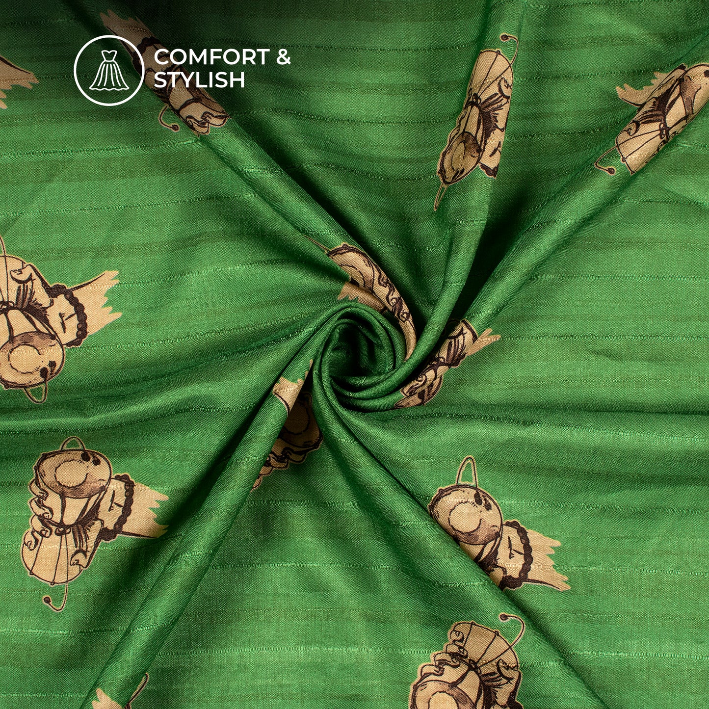 Emerald Green Quirky Digital Print Art Tusser Silk Fabric