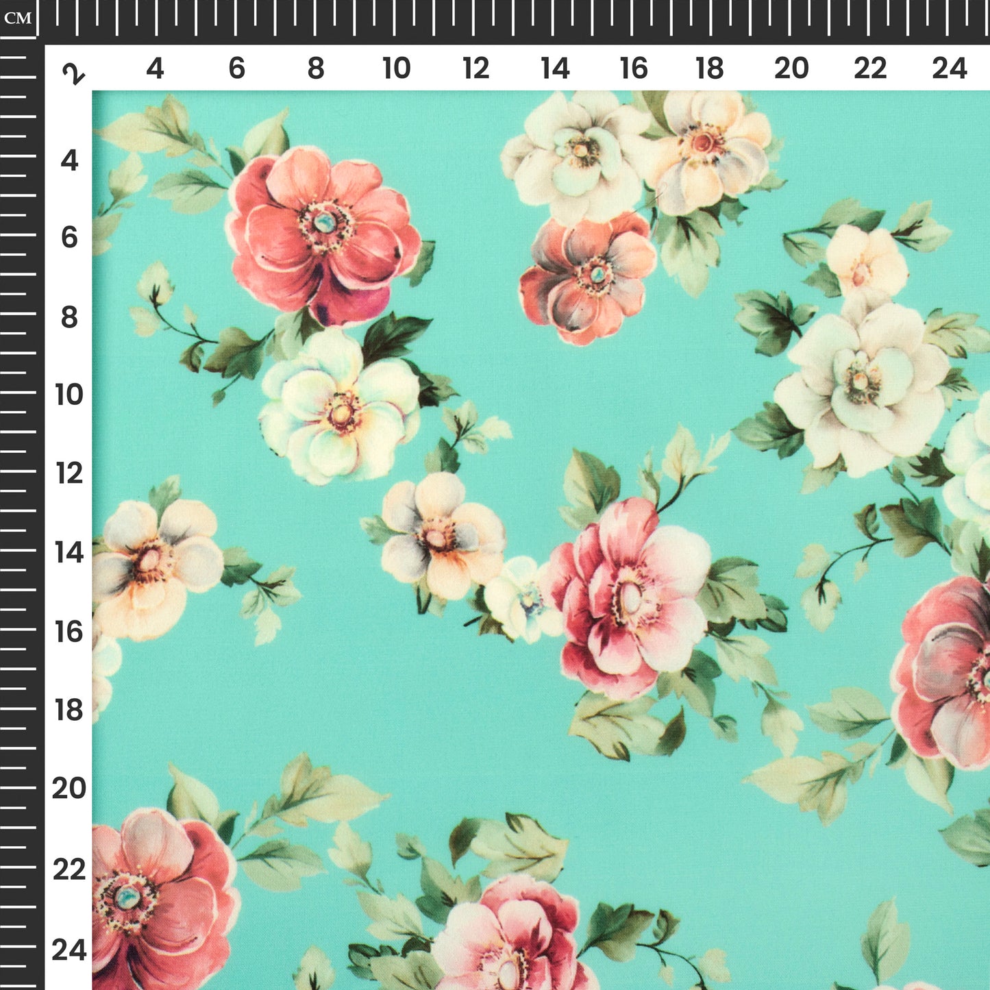 Teal Blue Floral Digital Print BSY Crepe Fabric