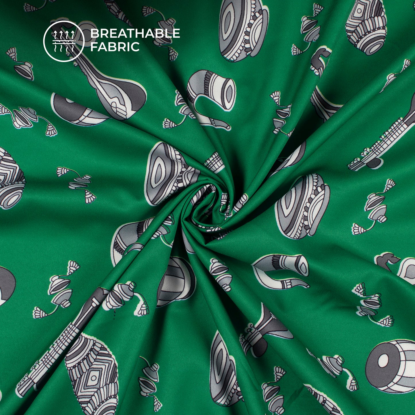 Deep Green Quirky Digital Print Butter Crepe Fabric