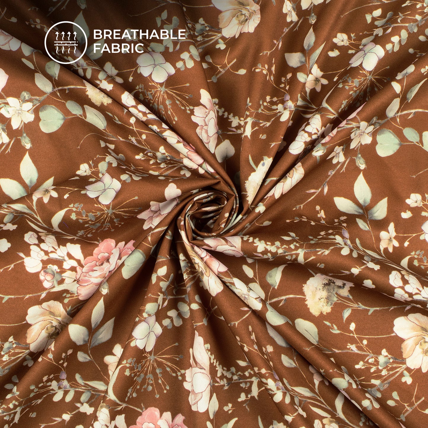 Tawny Brown Floral Digital Print Butter Crepe Fabric