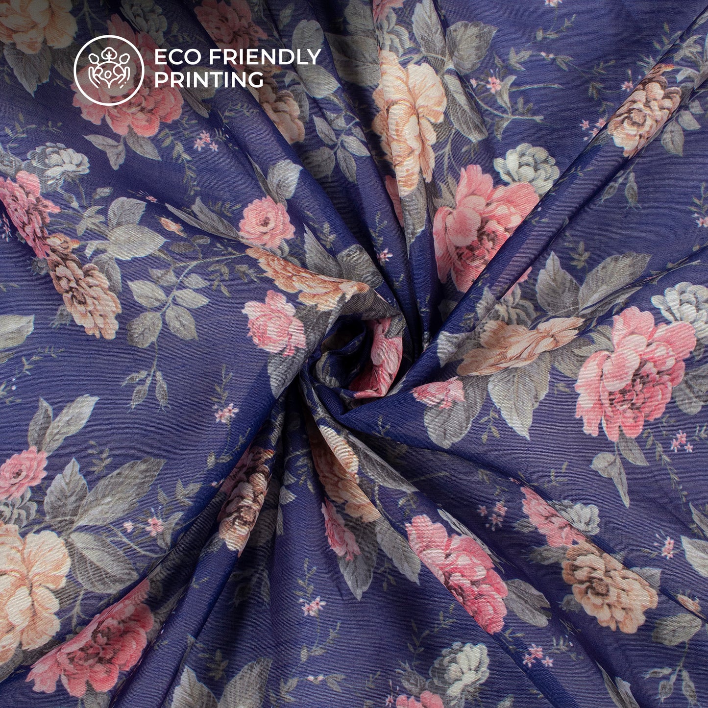 Indigo Blue Floral Digital Print Chanderi Fabric