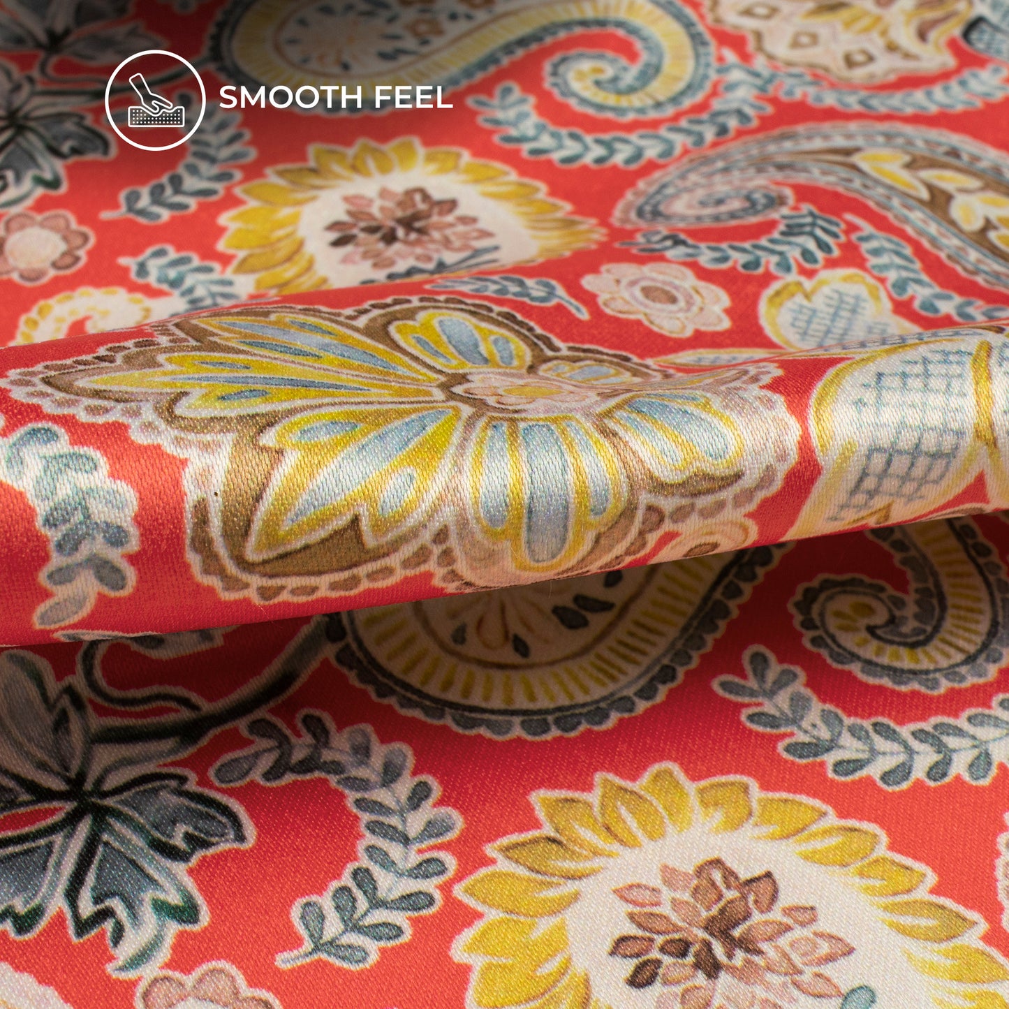 Rose Red Paisley Digital Print Charmeuse Satin Fabric (Width 58 Inches)