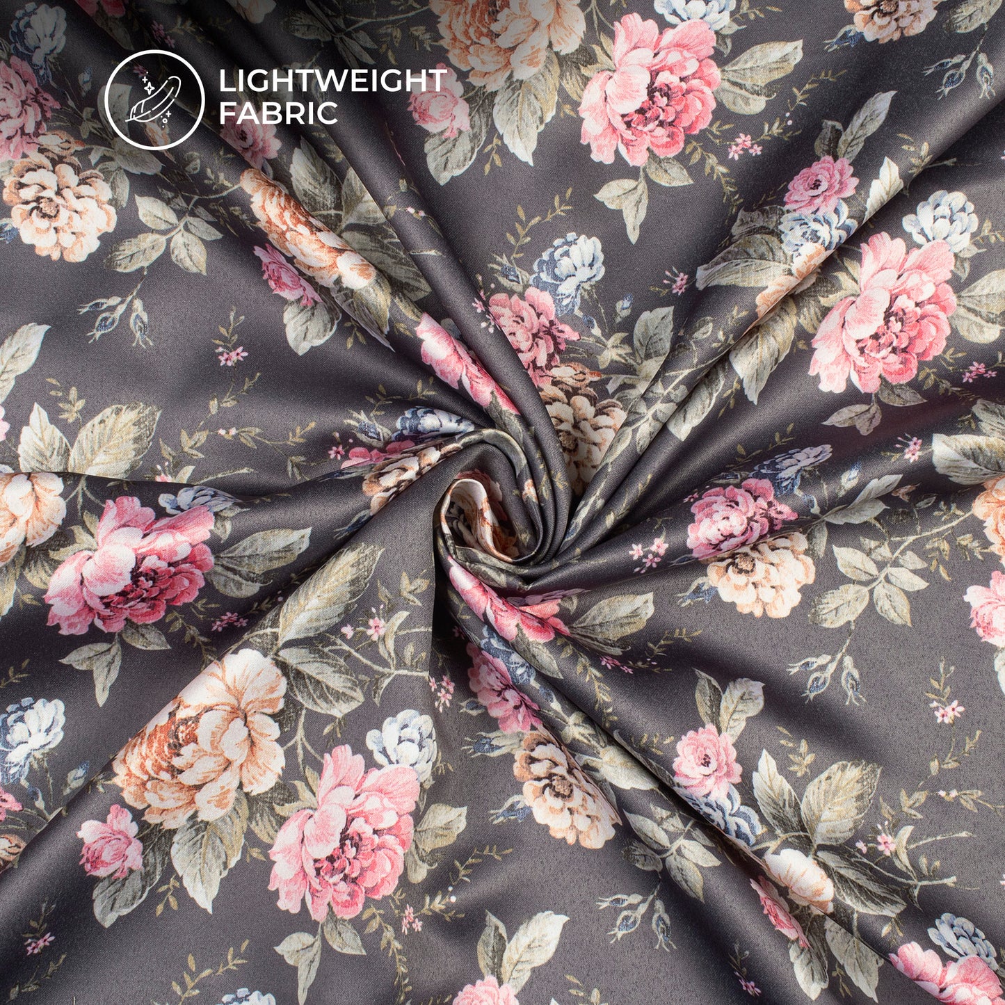 Pewter Grey Floral Digital Print Charmeuse Satin Fabric (Width 58 Inches)