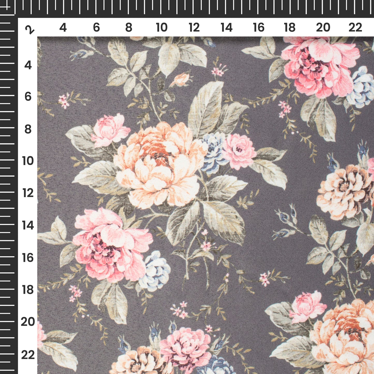 Pewter Grey Floral Digital Print Charmeuse Satin Fabric (Width 58 Inches)