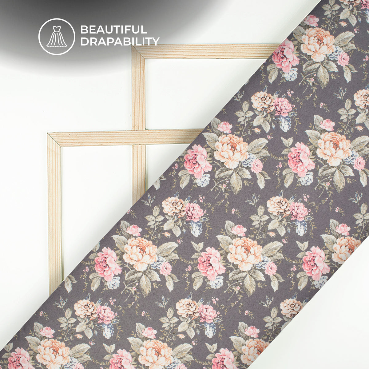 Pewter Grey Floral Digital Print Charmeuse Satin Fabric (Width 58 Inches)