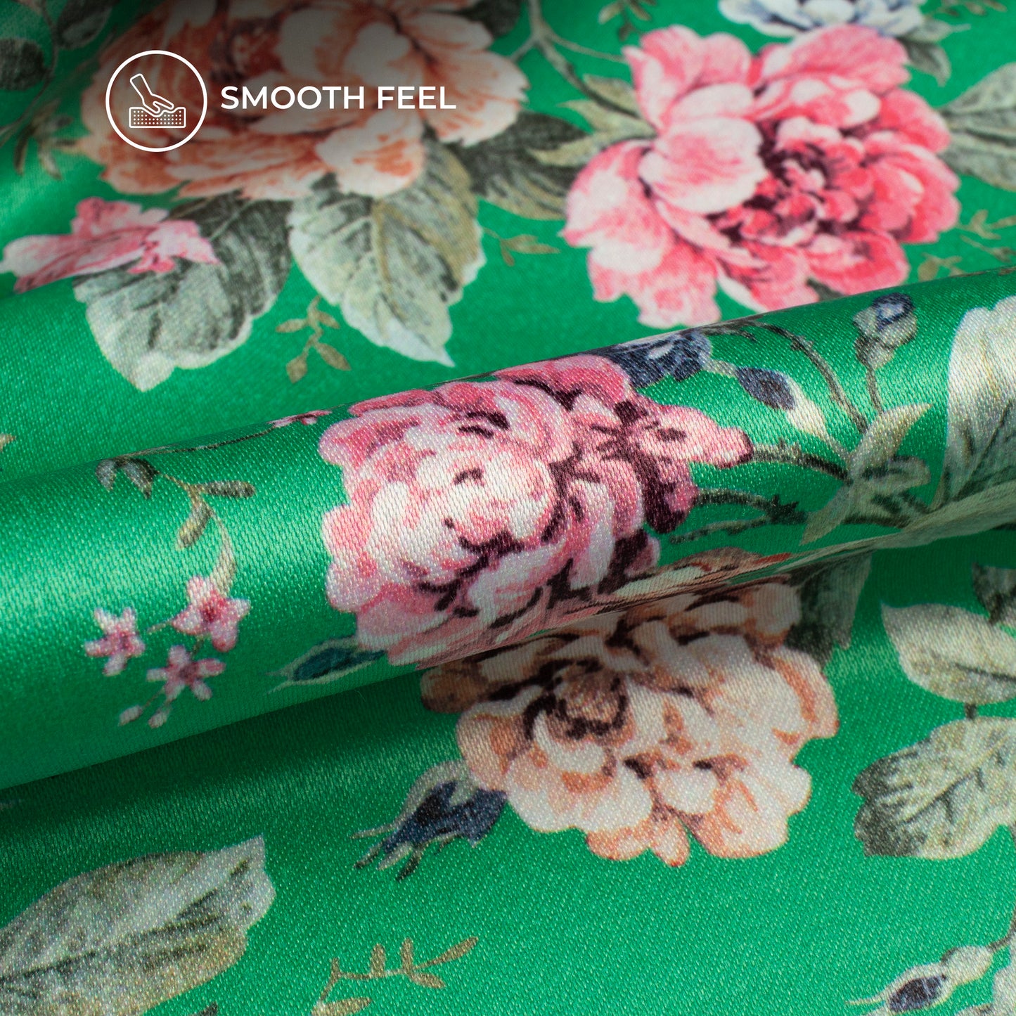 Cool Green Floral Digital Print Charmeuse Satin Fabric (Width 58 Inches)