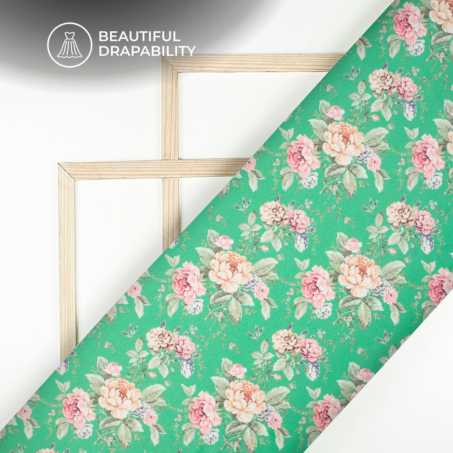 Cool Green Floral Digital Print Charmeuse Satin Fabric (Width 58 Inches)