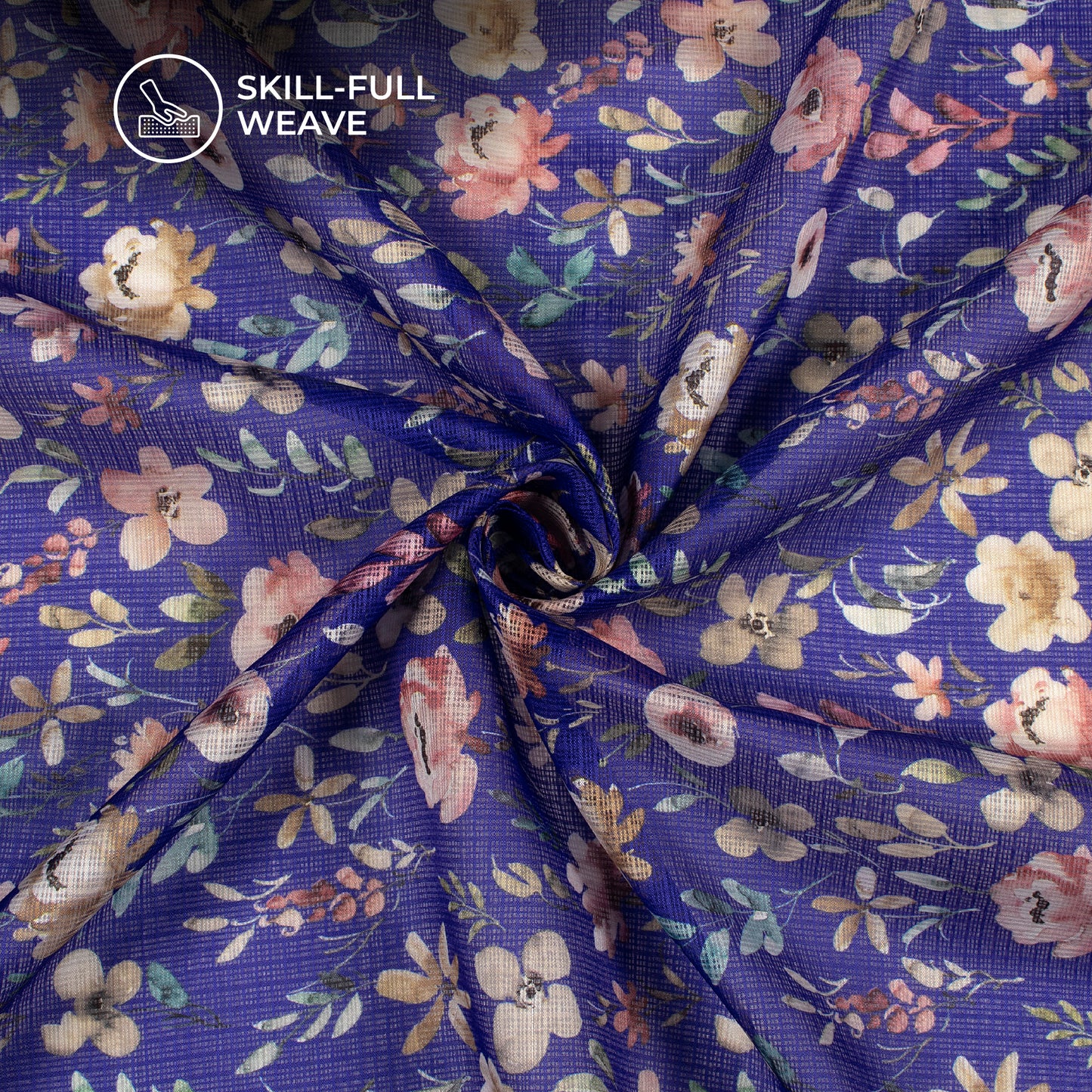 Royal Blue Floral Digital Print Kota Doria Fabric