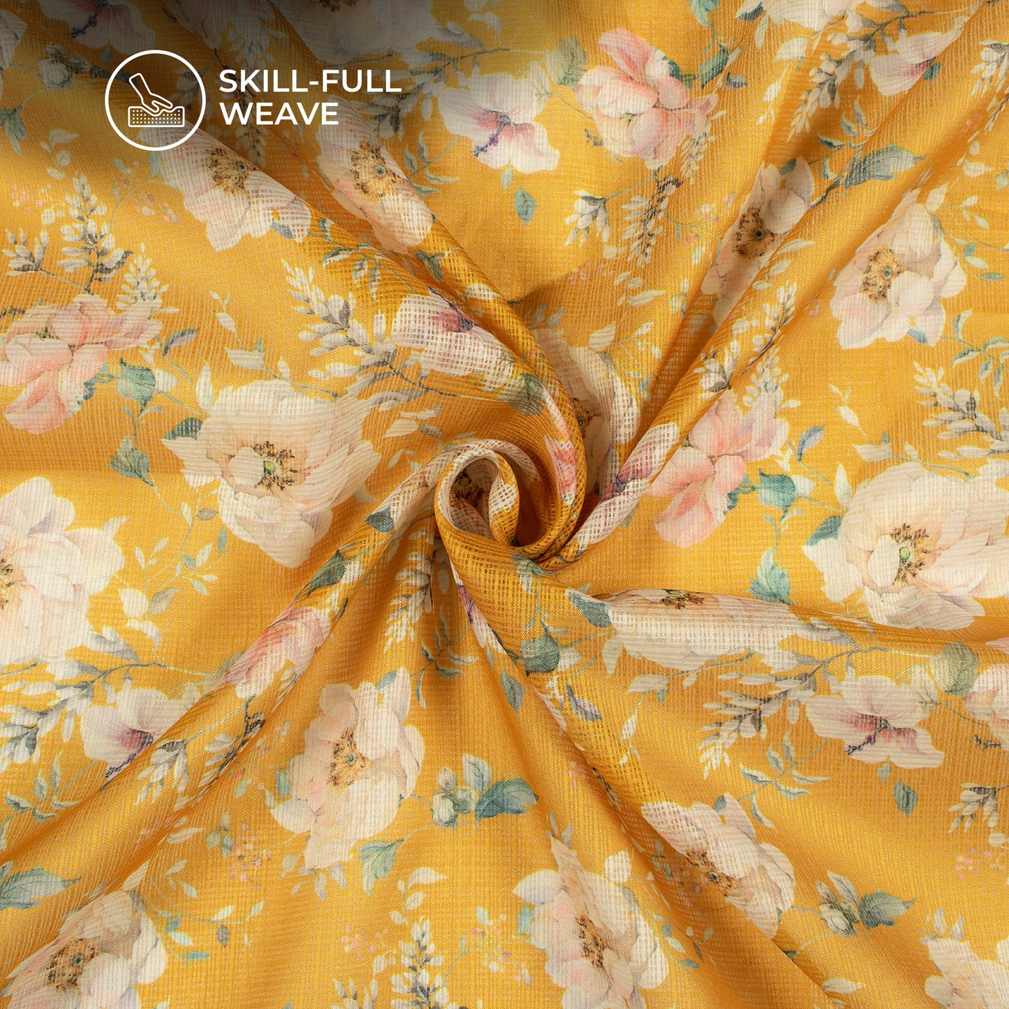 Amber Yellow Floral Digital Print Kota Doria Fabric