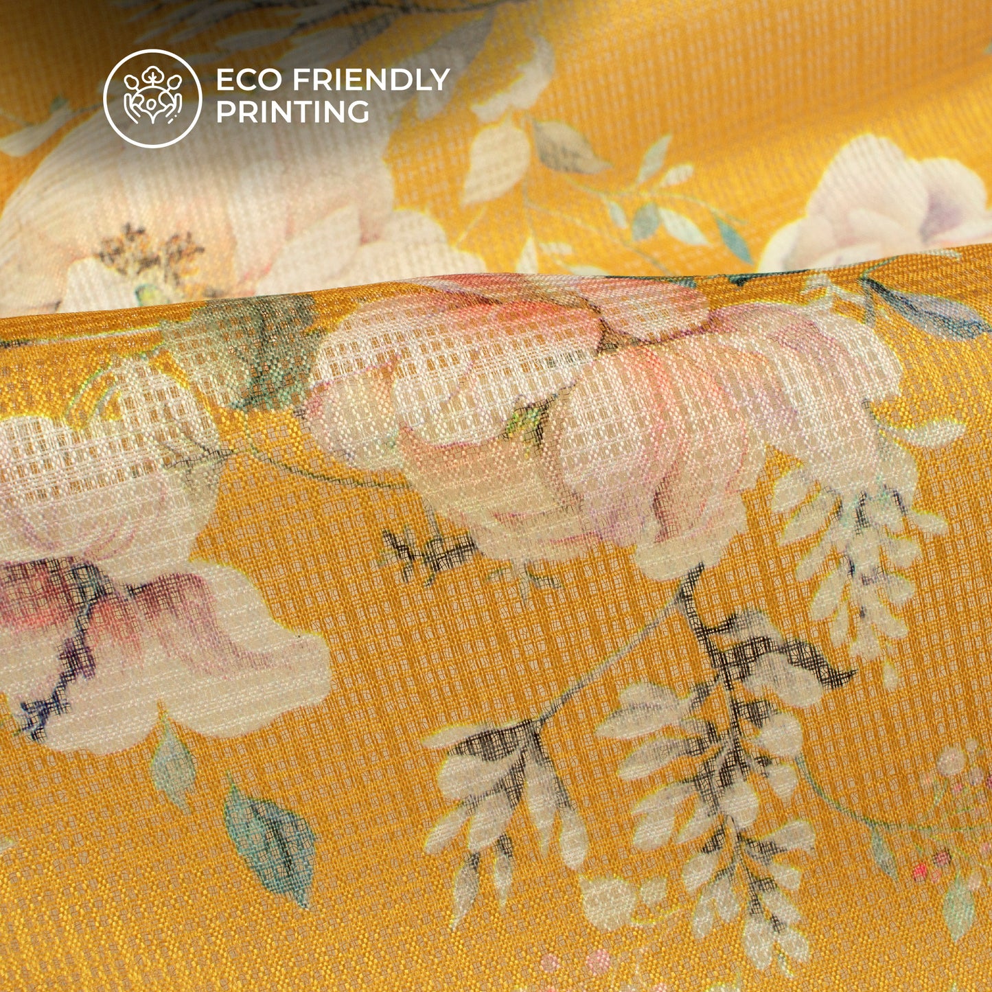 Amber Yellow Floral Digital Print Kota Doria Fabric