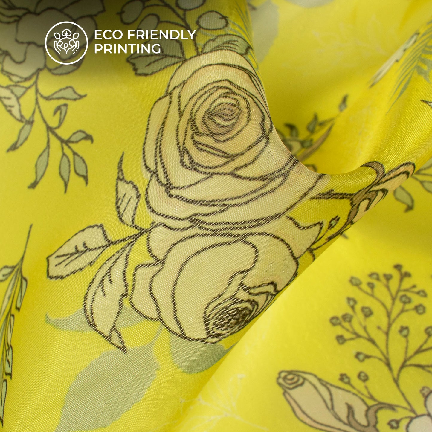 Lemon Yellow Floral Digital Print Premium Liquid Organza Fabric