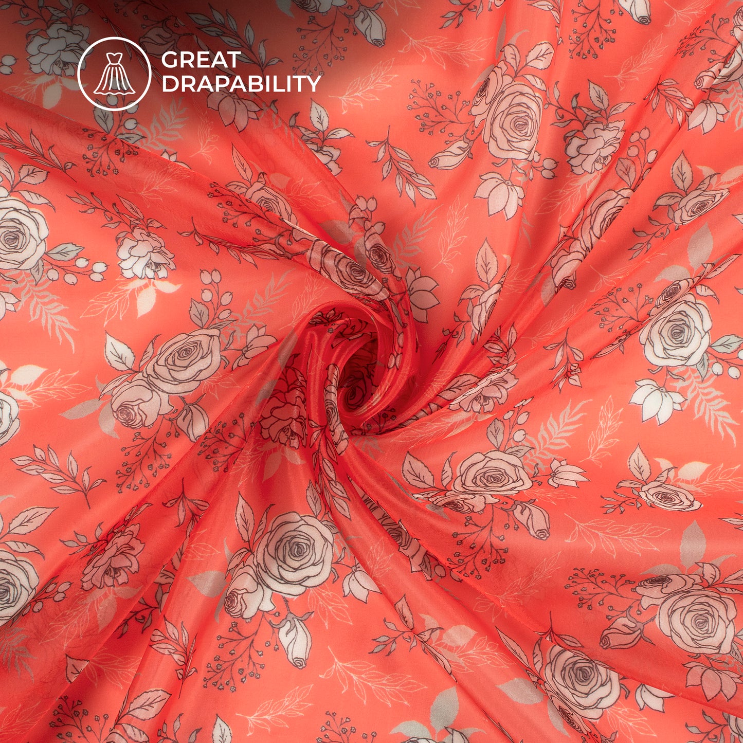 Carmine Red Floral Digital Print Organza Satin Fabric