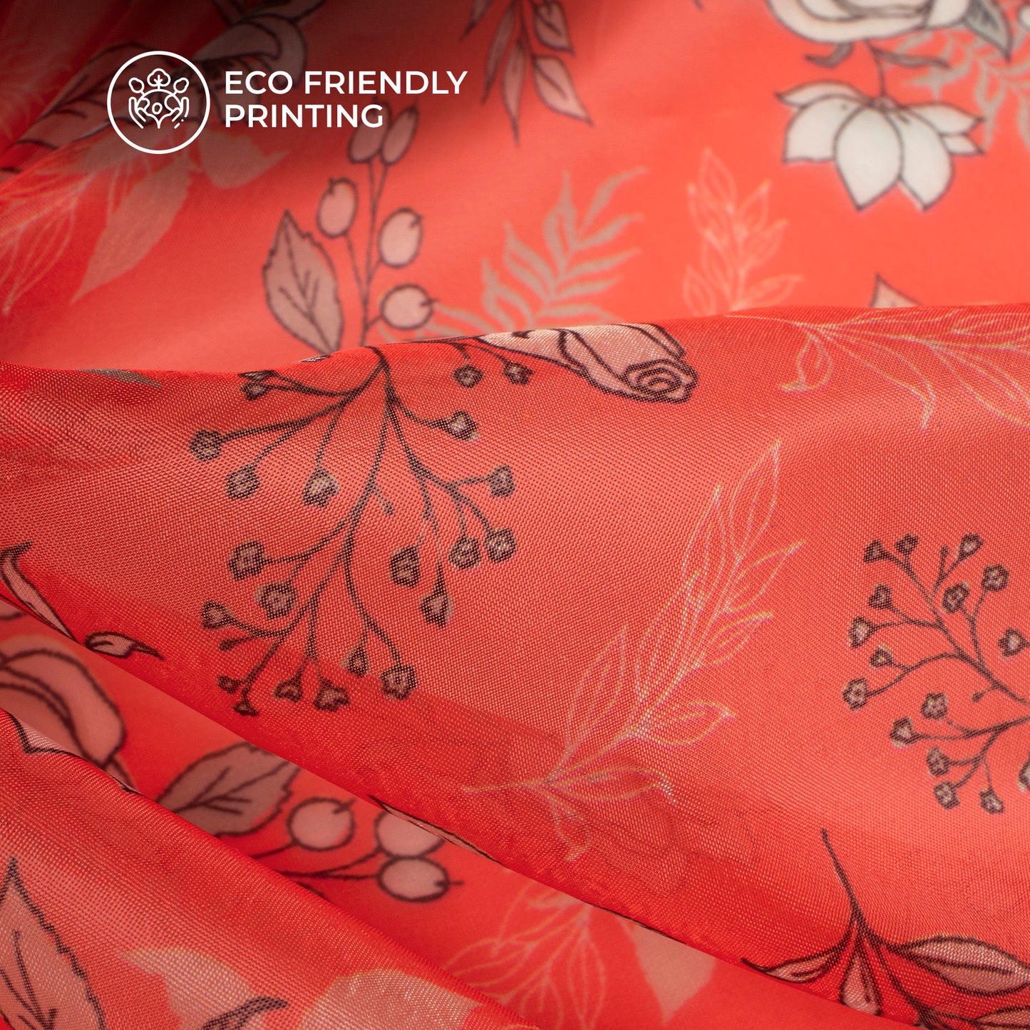 Carmine Red Floral Digital Print Organza Satin Fabric