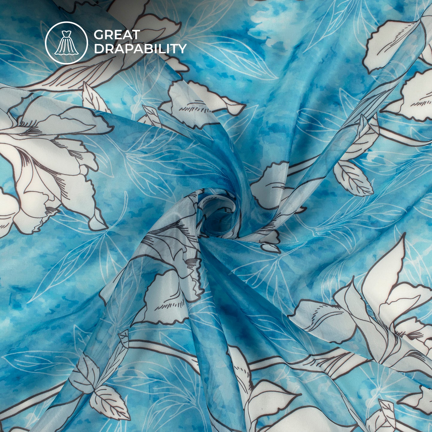 Azure Blue Floral Digital Print Organza Satin Fabric