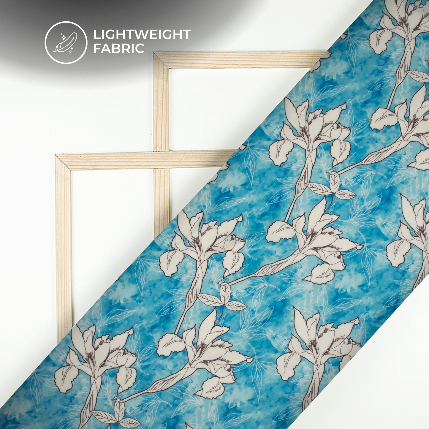 Azure Blue Floral Digital Print Organza Satin Fabric
