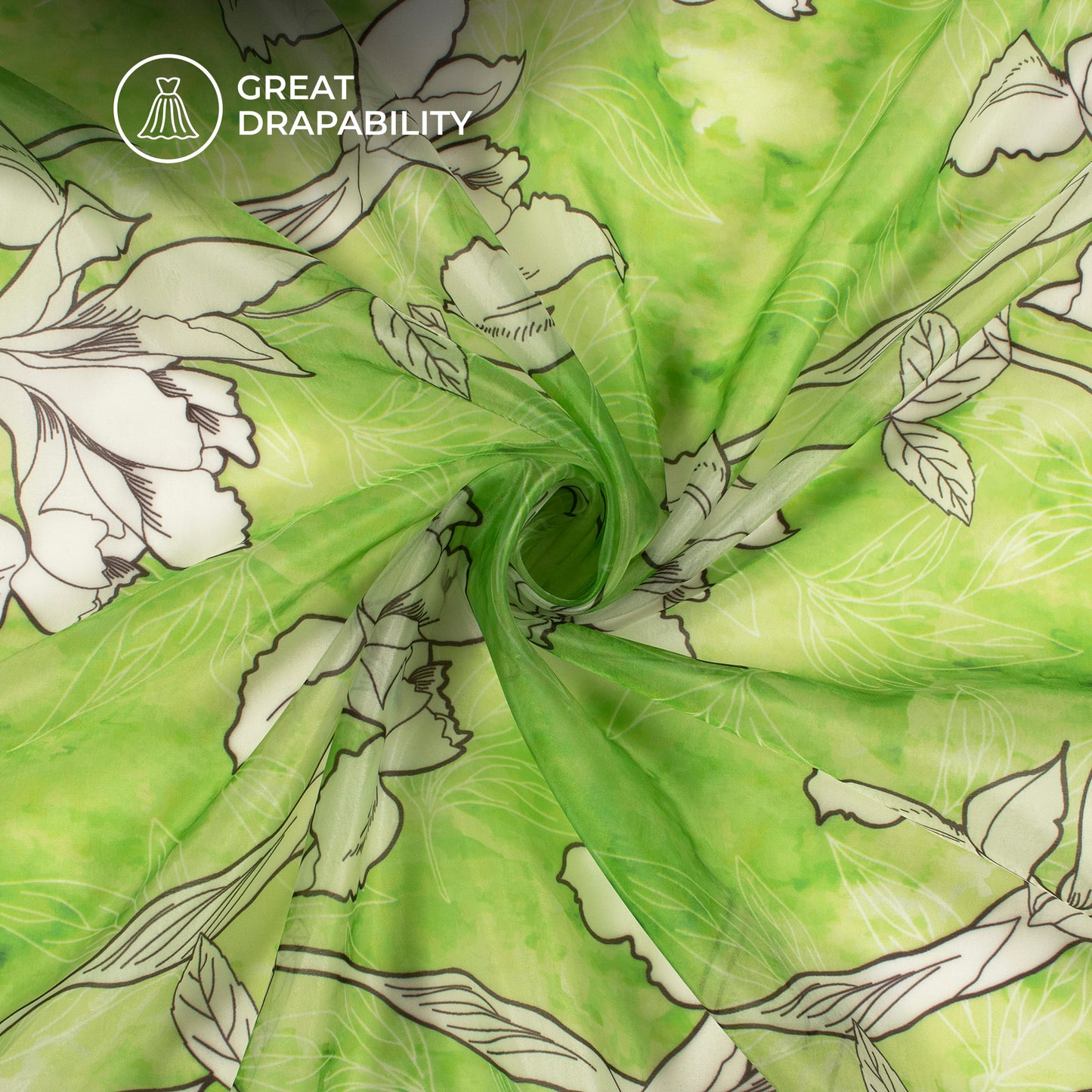 Shamrock Green Floral Digital Print Organza Satin Fabric