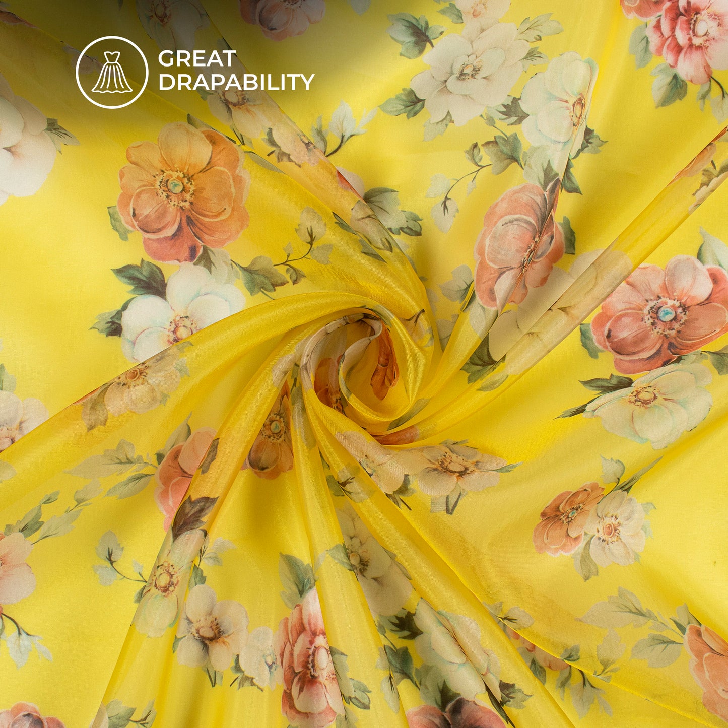 Butter Yellow Floral Digital Print Premium Liquid Organza Fabric