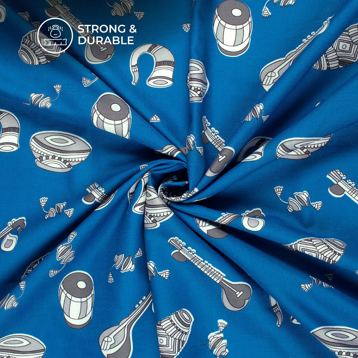 Sapphire Blue Quirky Digital Print Linen Textured Fabric (Width 56 Inches)