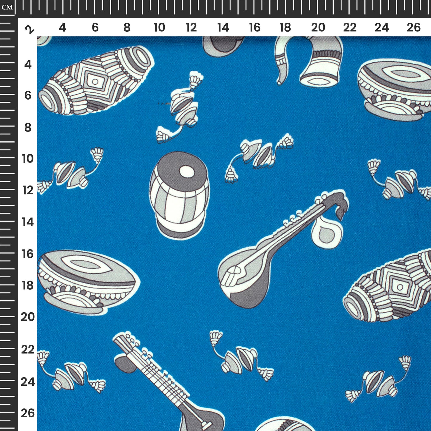 Sapphire Blue Quirky Digital Print Linen Textured Fabric (Width 56 Inches)