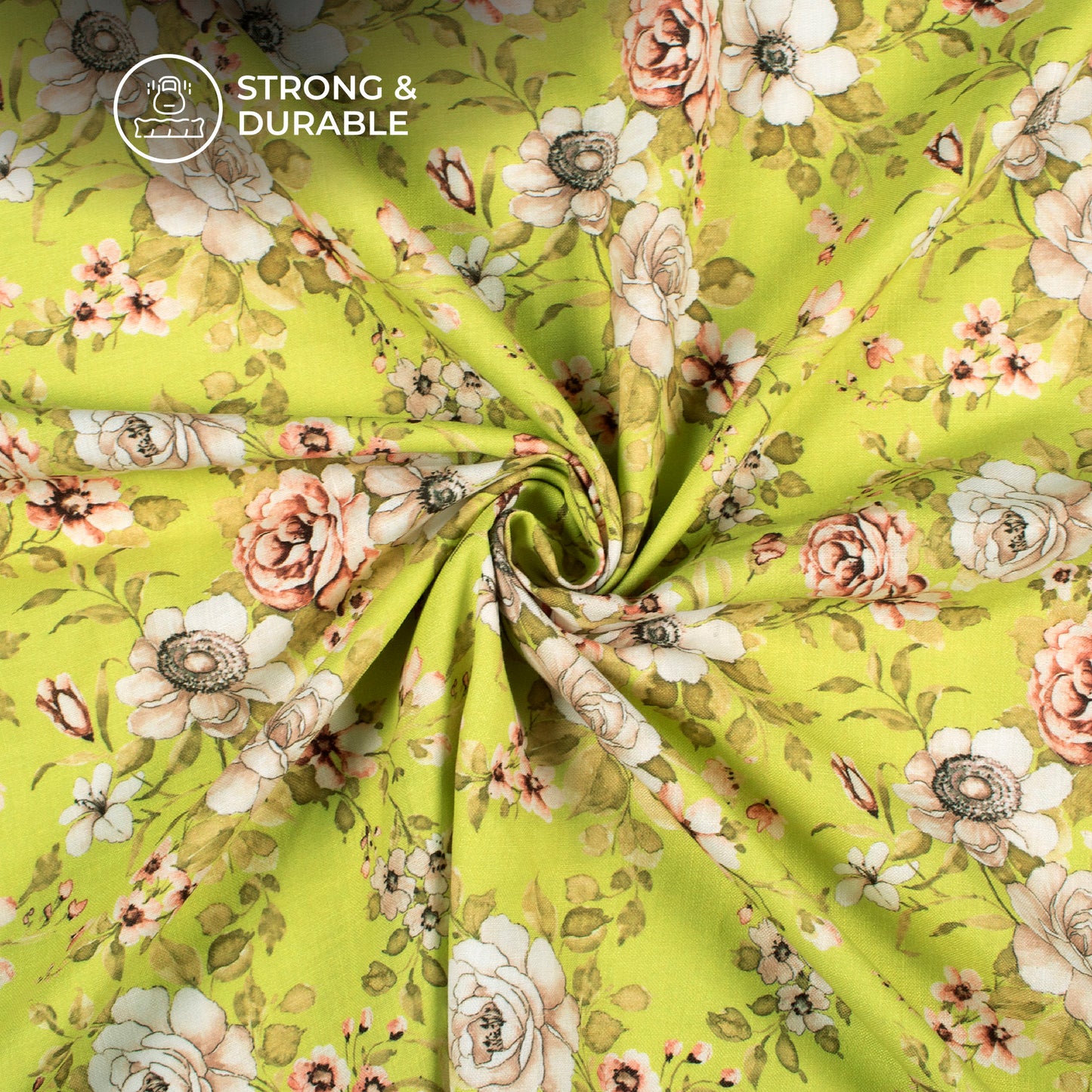 Pear Green Floral Digital Print Linen Textured Fabric (Width 56 Inches)