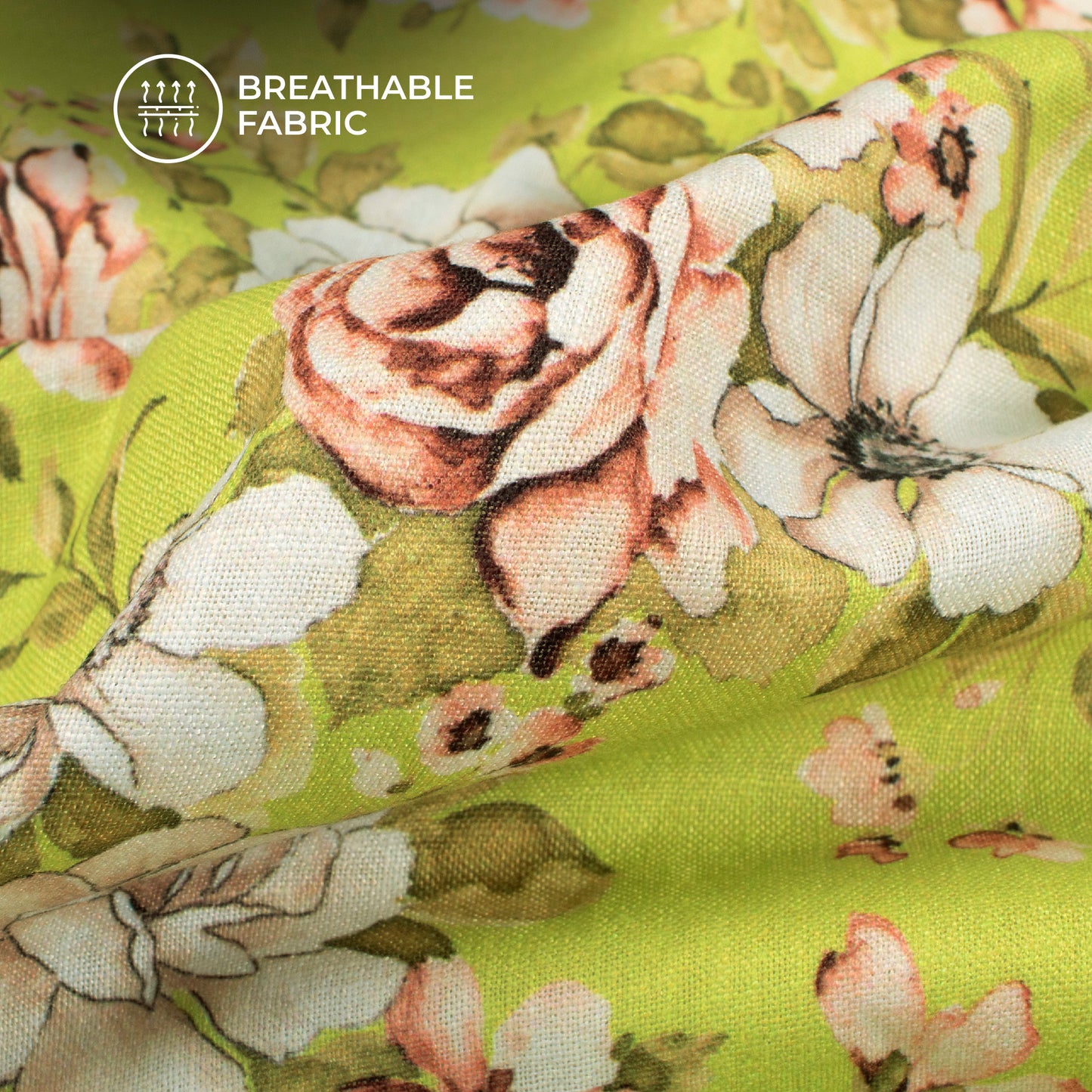 Pear Green Floral Digital Print Linen Textured Fabric (Width 56 Inches)