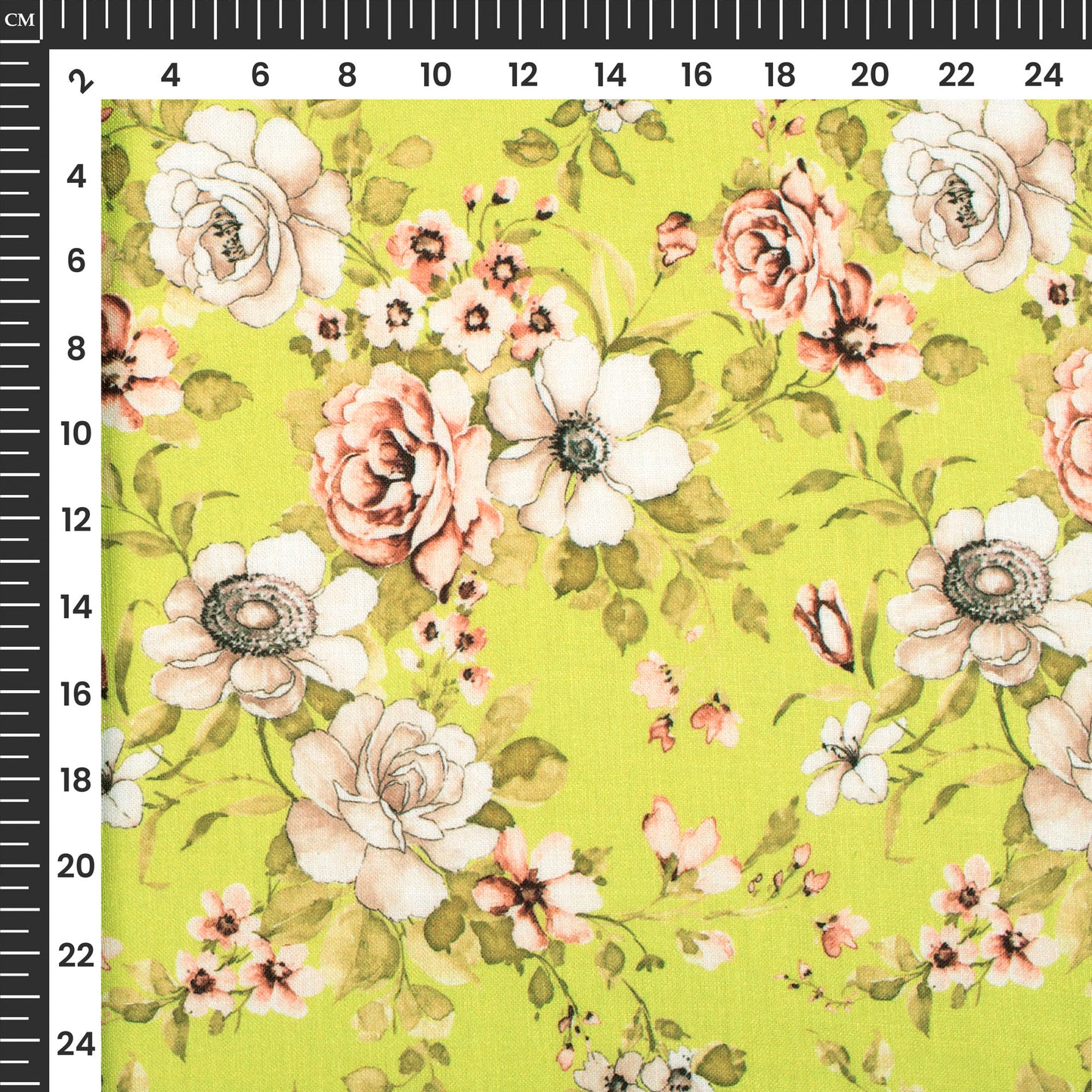 Pear Green Floral Digital Print Linen Textured Fabric (Width 56 Inches)