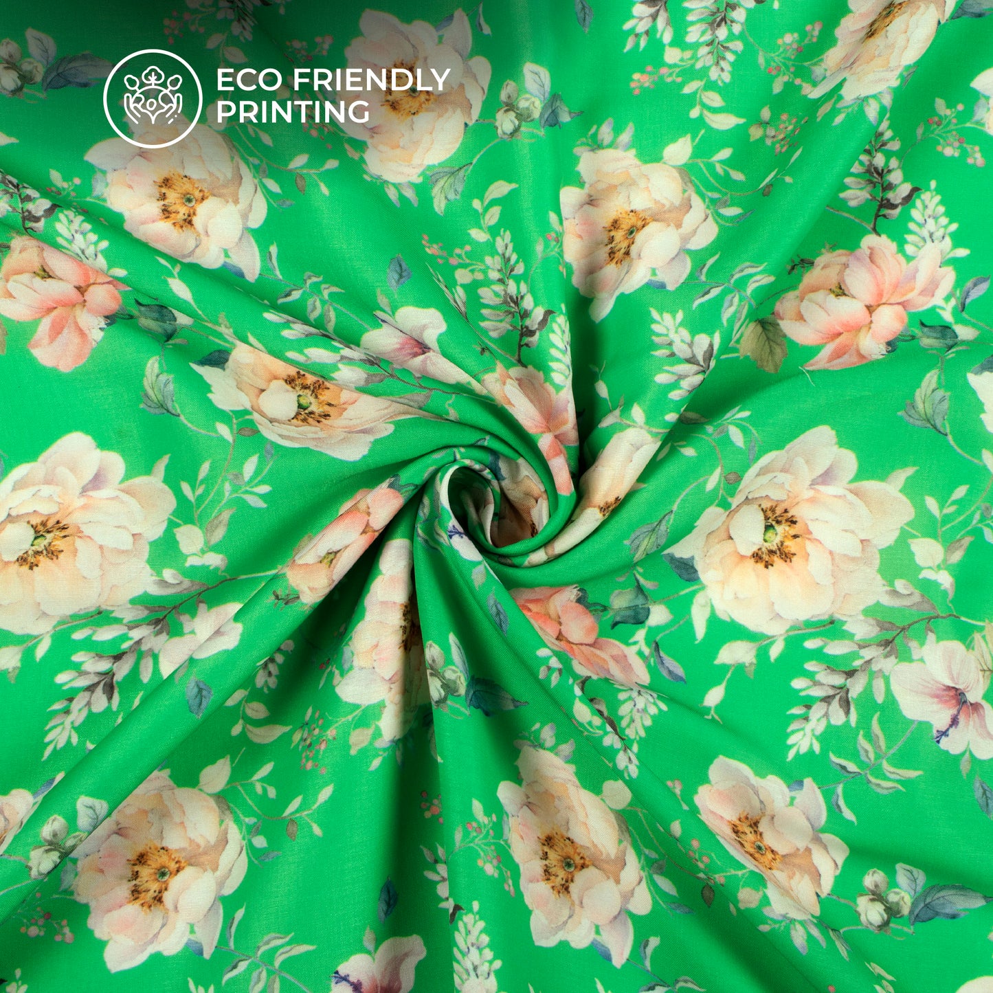 Green Floral Pattern Digital Print Muslin Fabric