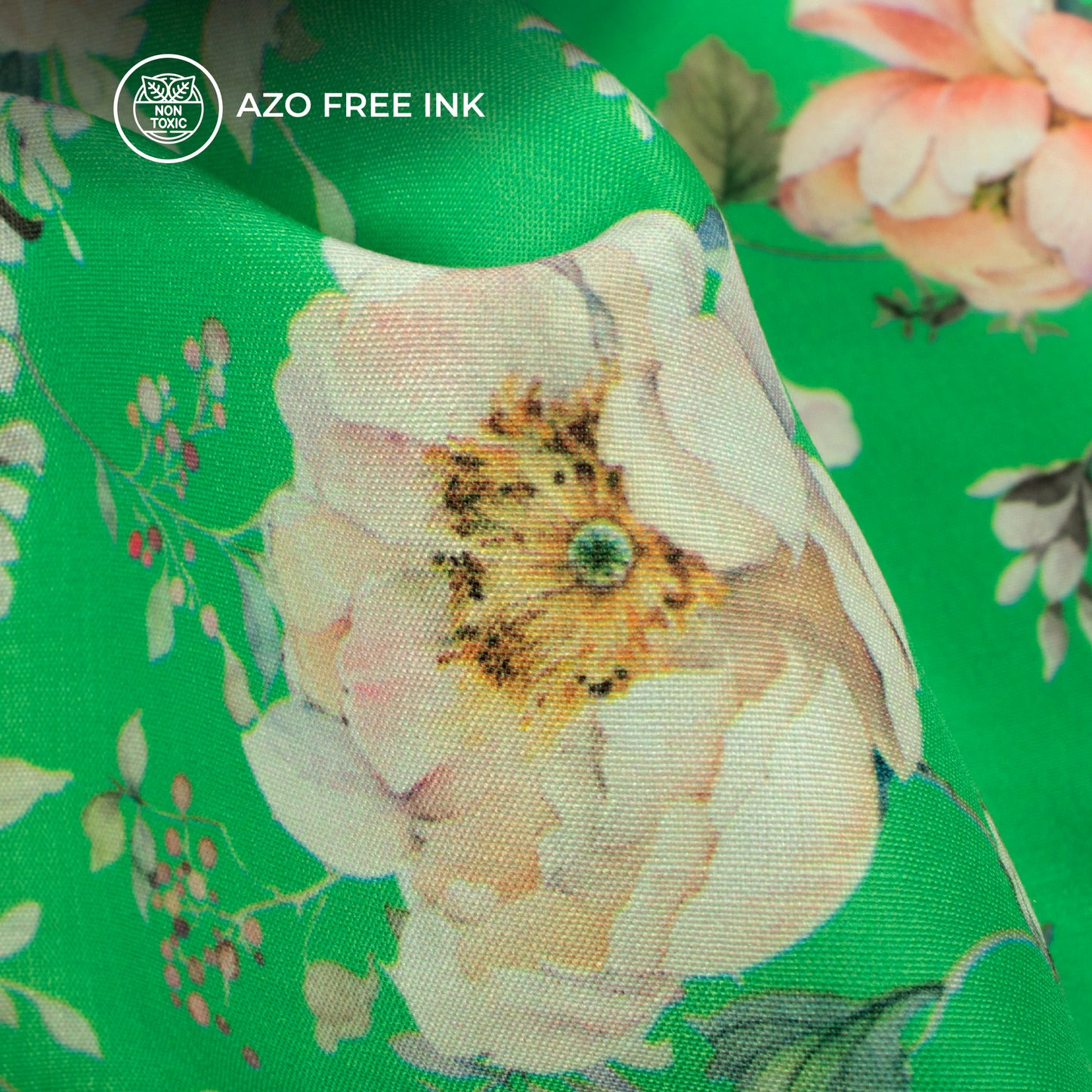 Green Floral Pattern Digital Print Muslin Fabric