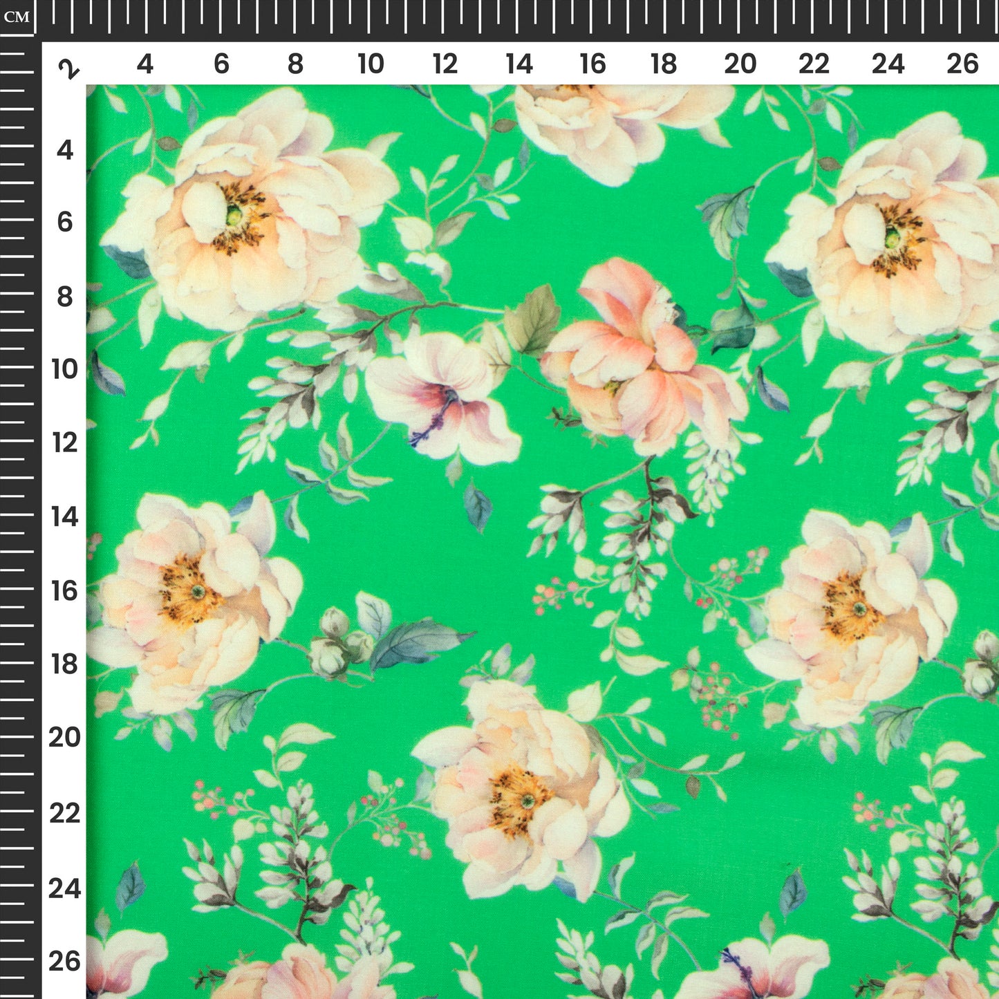 Green Floral Pattern Digital Print Muslin Fabric