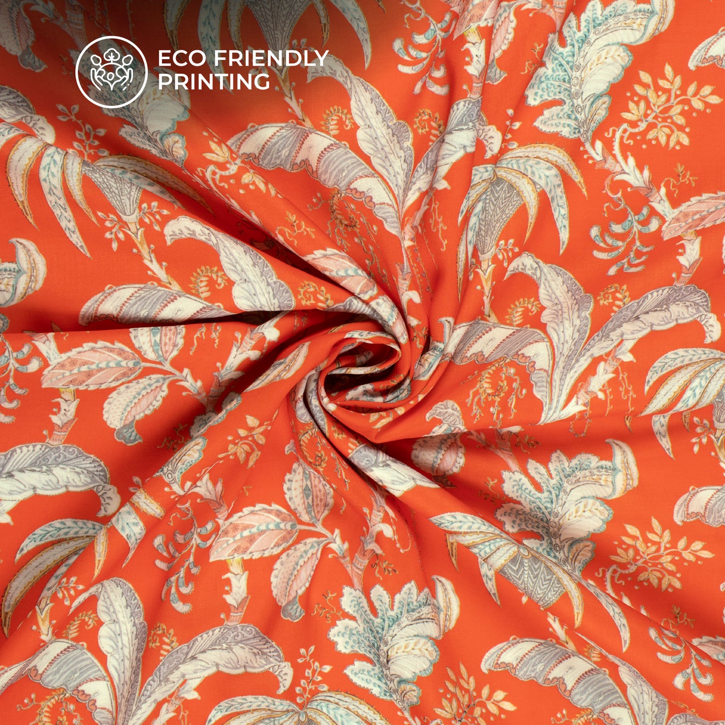 Orange Floral Pattern Digital Print Muslin Fabric