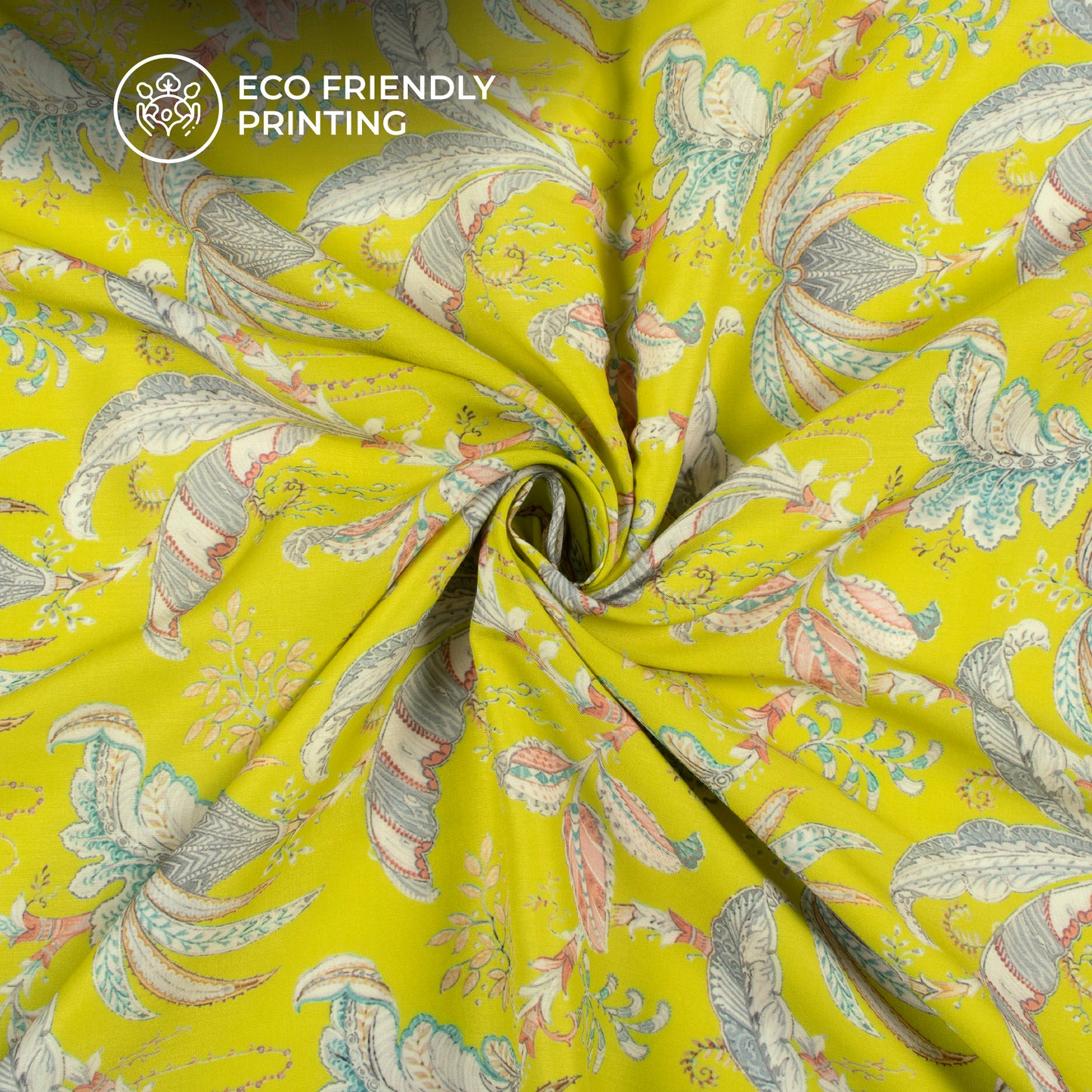 Chartreuse Yellow Floral Pattern Digital Print Muslin Fabric