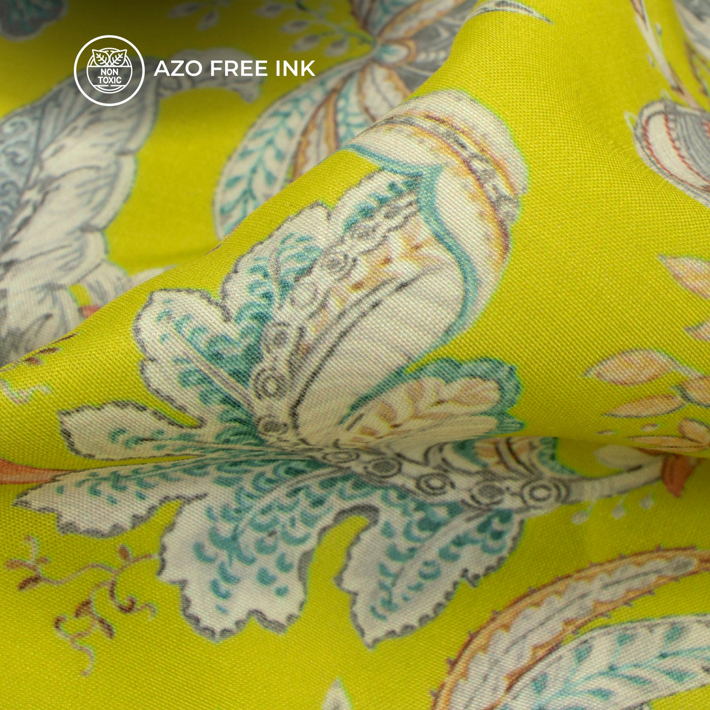 Chartreuse Yellow Floral Pattern Digital Print Muslin Fabric