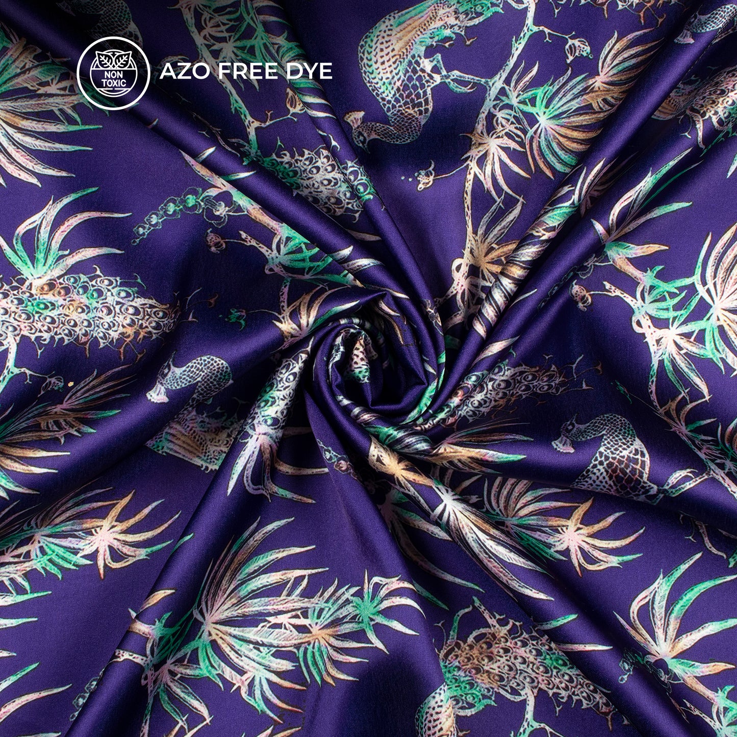 Indiigo Blue Peacock Digital Print Japan Satin Fabric