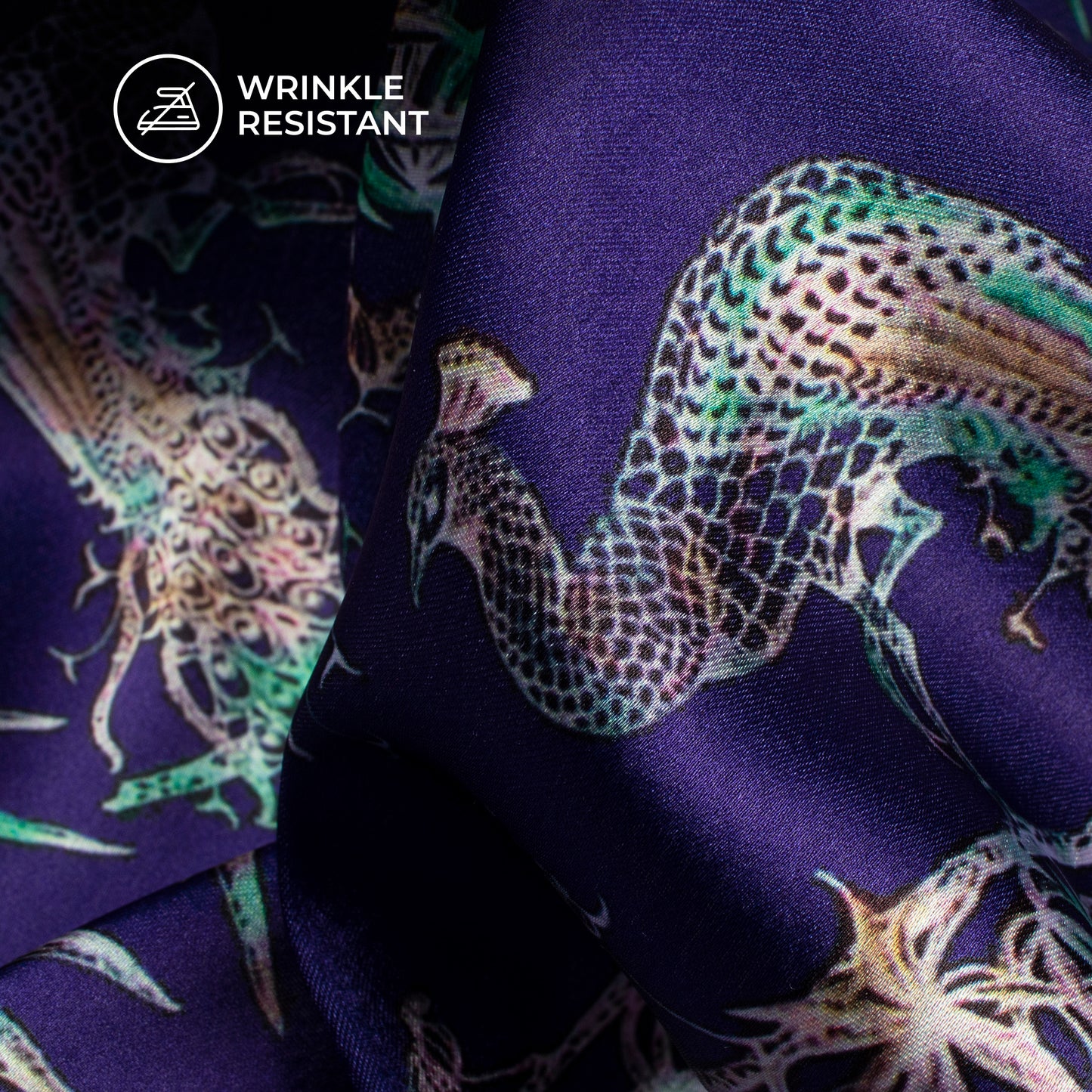 Indiigo Blue Peacock Digital Print Japan Satin Fabric