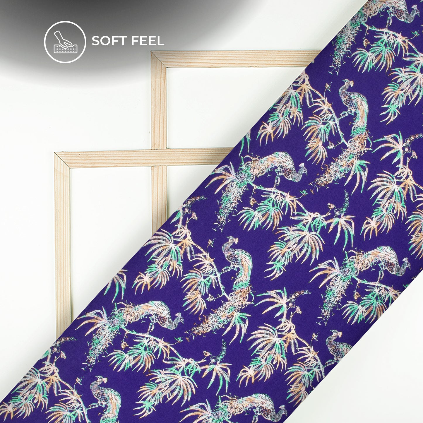 Indiigo Blue Peacock Digital Print Japan Satin Fabric